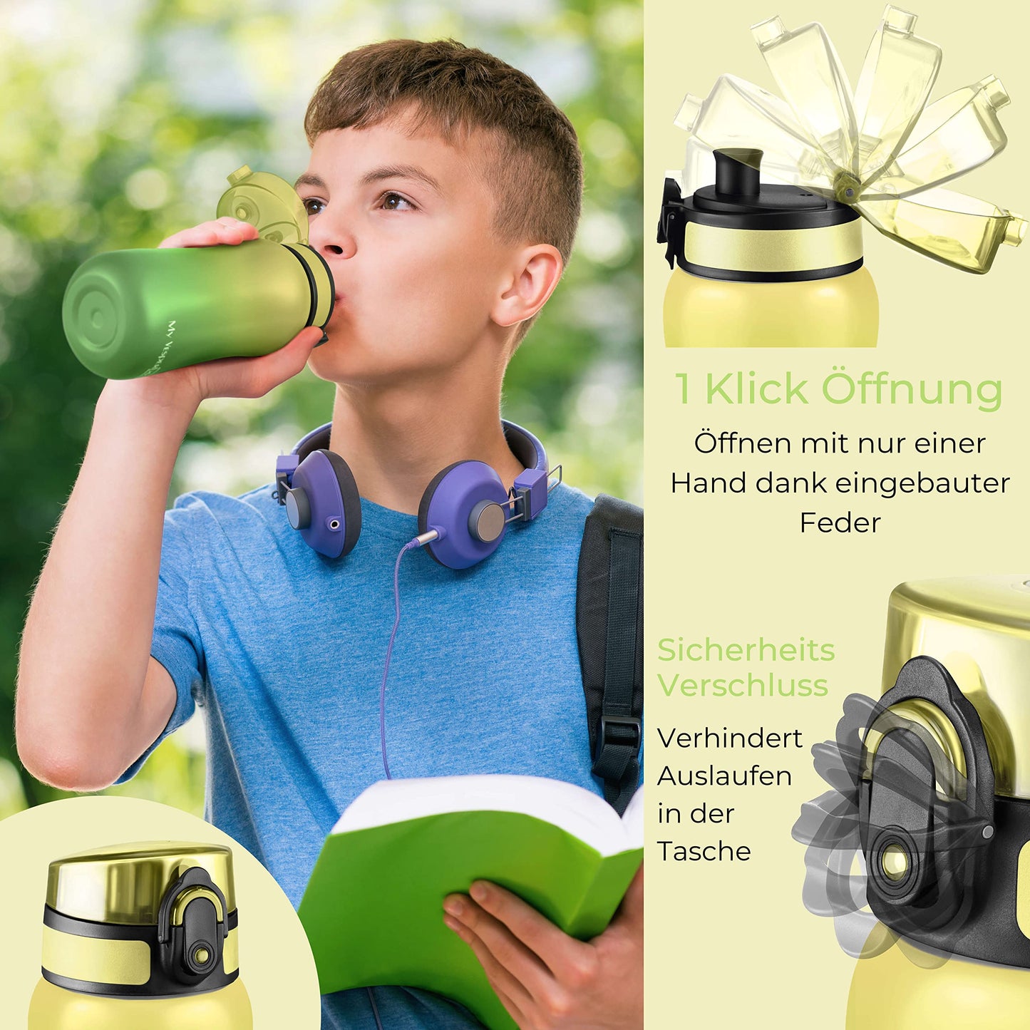 My Vesperbox - Thermo Minny - Stainless steel leak-proof water bottle with straw or sieve - 400ml, 600ml - Durable stainless steel water bottle for kids and adults - BPA free (Green - Yellow, 400ml)