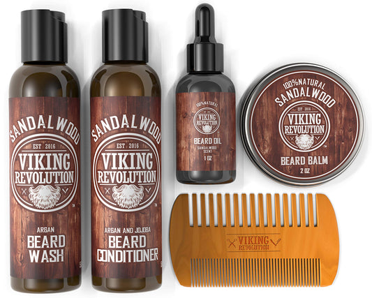 Viking Revolution - Beard Care Kit for Men - Conditioner Men Set Smooth & Relieve Beard Itch - Includes Beard Shampoo, Conditioner, Beard Oil, Beard Balm & Beard Comb Gifts For Men Sandalwood