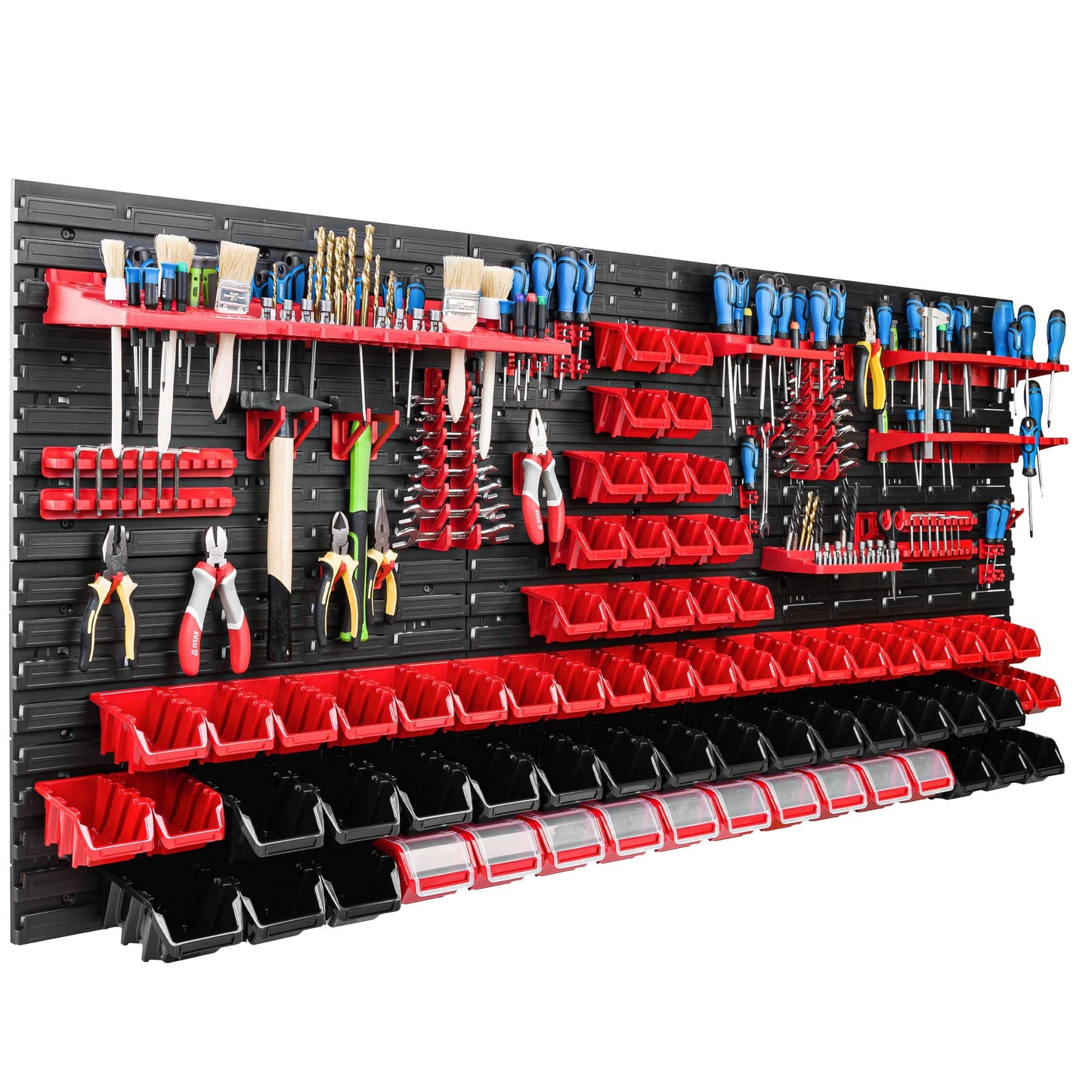Storage system workshop shelf | 172 x 78 cm | 70 pcs. Box | Wall shelf with tool holders and stackable boxes - Wall panels Extra strong bins rack Tool hole wall storage shelf Garage shelf