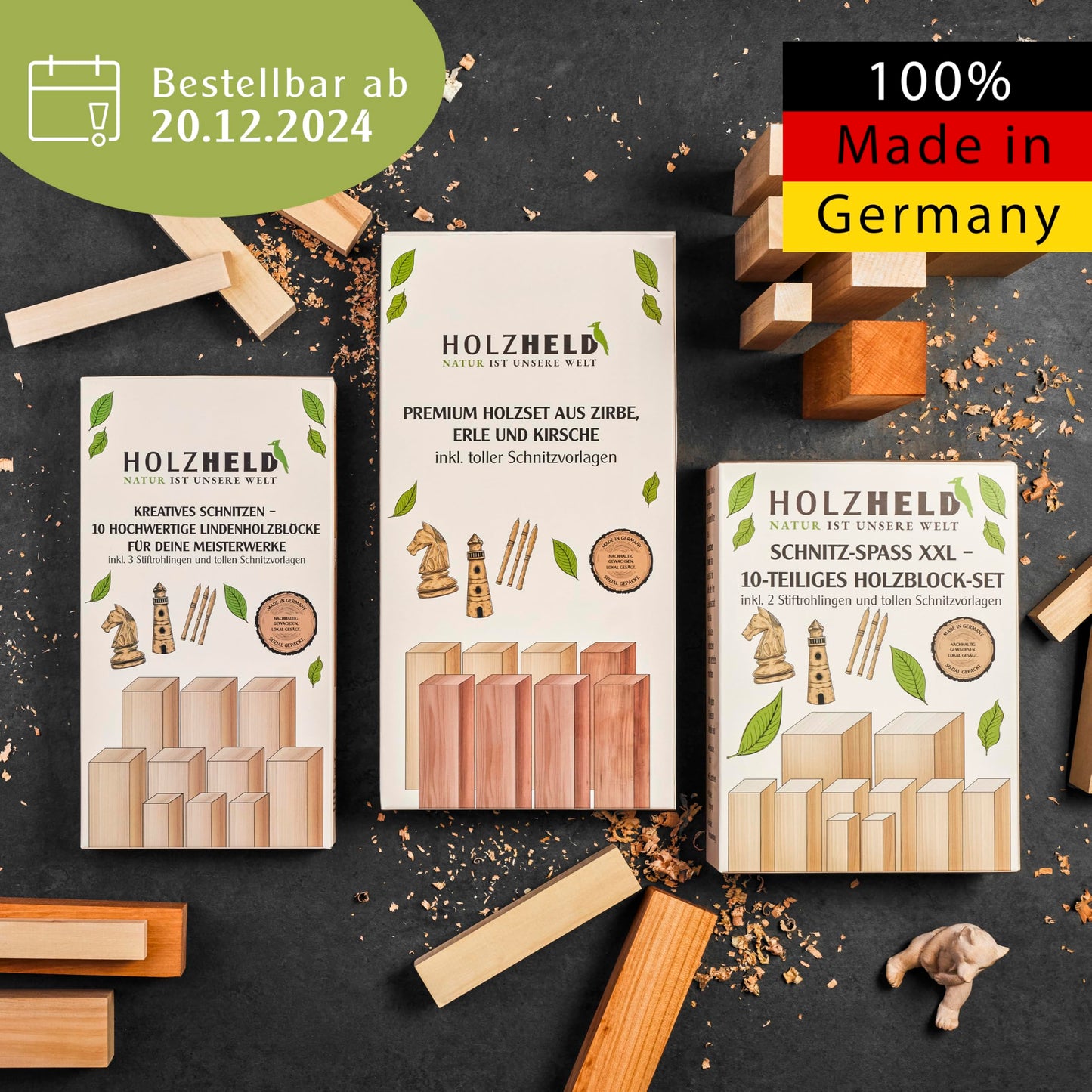 WOODHERO Wood Carving Tool Set (16 pieces) with instructions for 1 carving project - 12 high-quality carving knives for carving with practical tool bag.