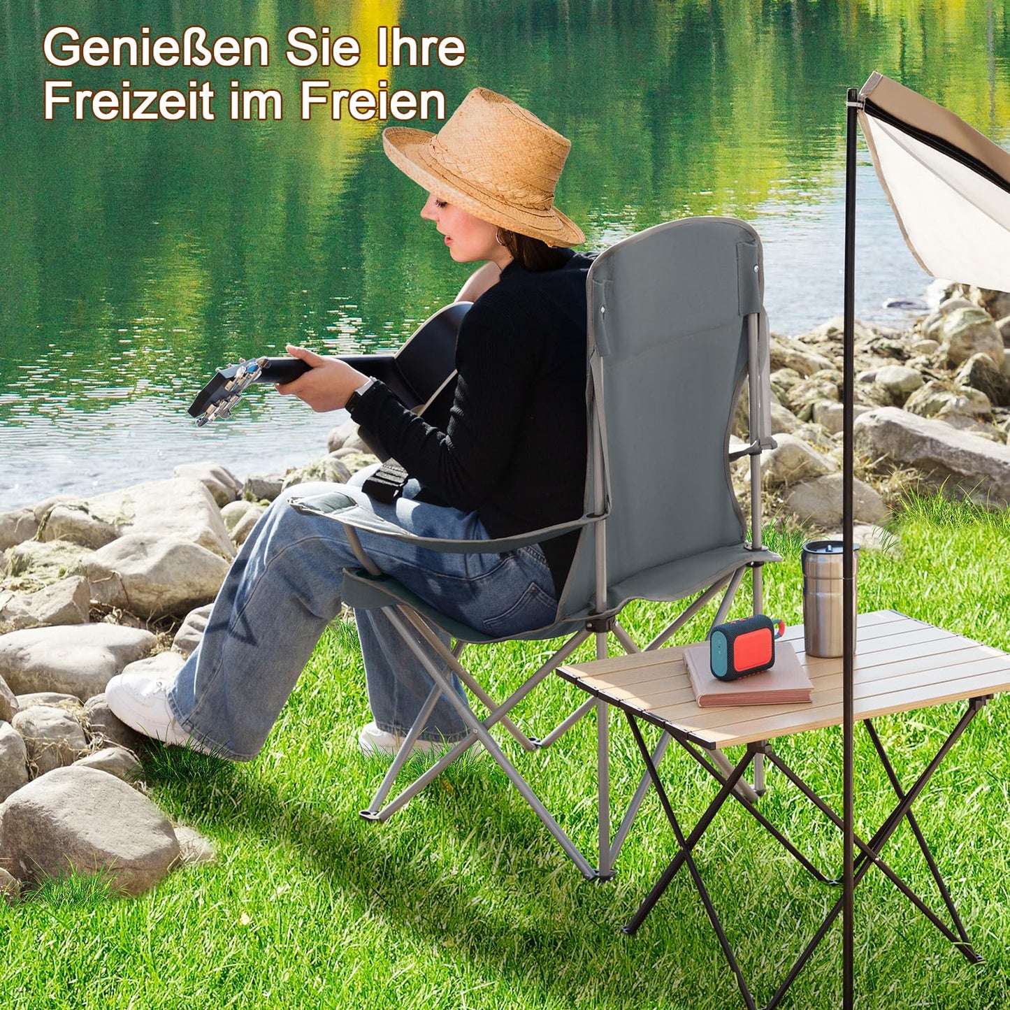 AMHANCIBLE Folding Camping Chair 2 Pack, Foldable Fishing Chair with Cup Holder, Garden Chair with High Backrest, Folding Camping Chair with Armrests, Lightweight, Portable Camping Chairs, up to 150kg EOCC02GY