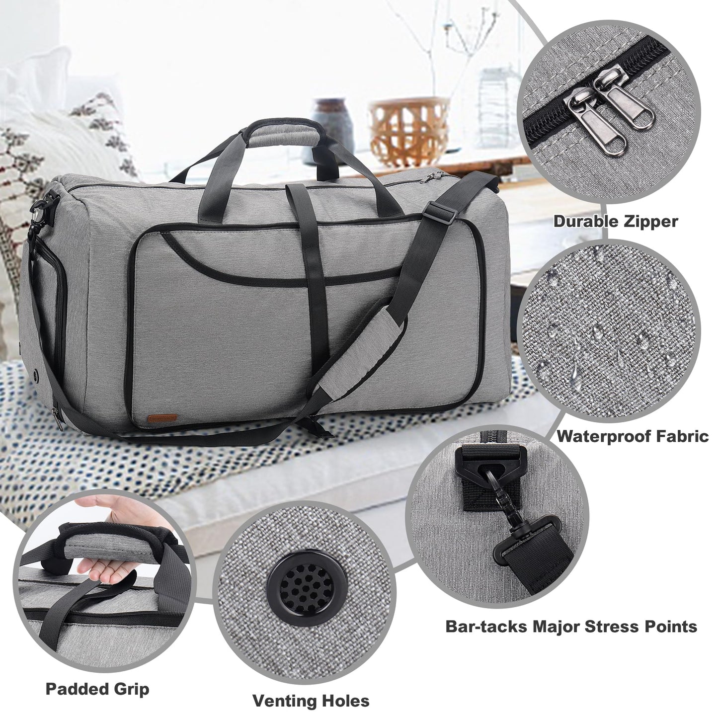 Vogshow Foldable Travel Duffel Bag, Weekender Overnight Bag Waterproof Duffle with Shoe Compartment for Men and Women (Gray, 80L)