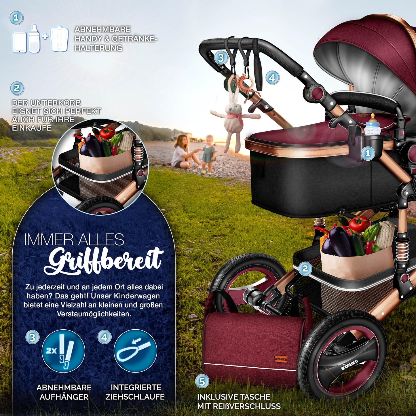 KIDUKU® 3 in 1 stroller XXL complete set | Combination stroller set including baby tub, buggy seat & car baby seat footmuff | Full rubber tires changing bag hand warmer rain cover children's table ECE R129