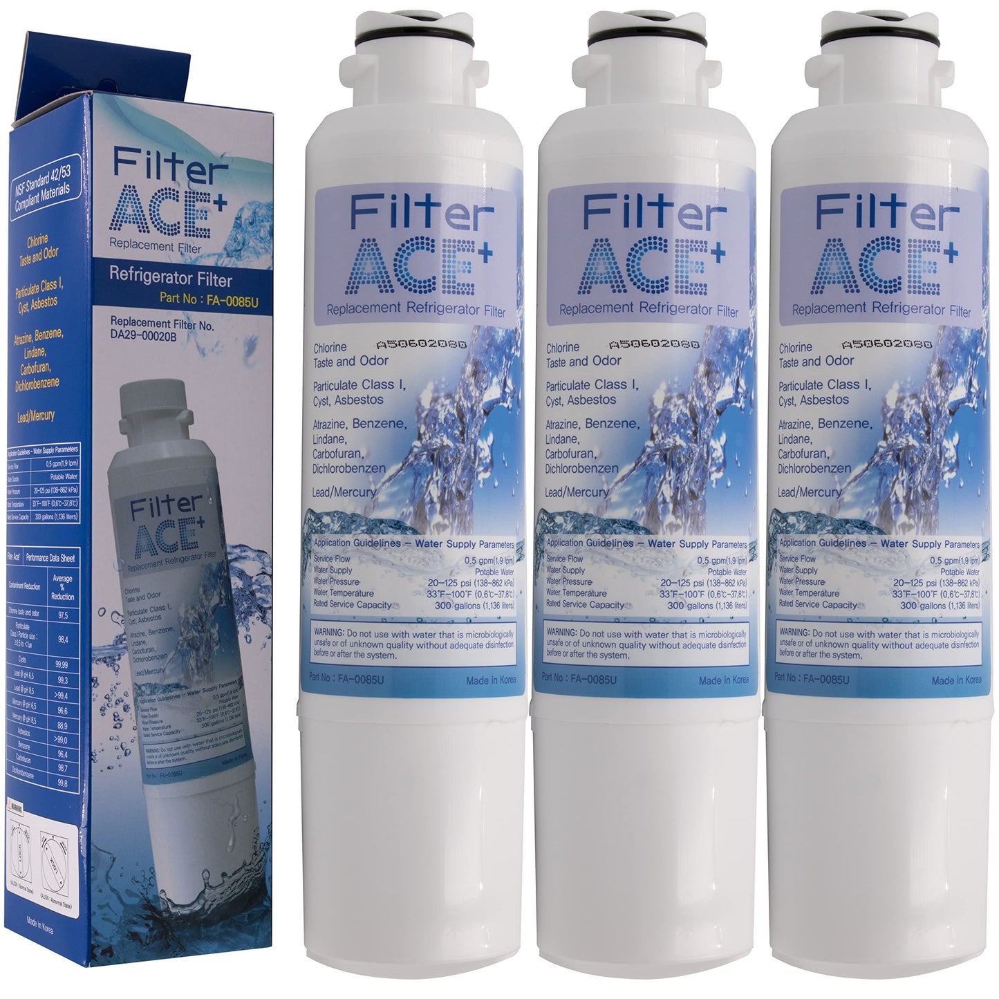 ACE+ FA-0085U | 3 Pack - Water filters compatible with Samsung DA29-00020B, HAF-CIN/EXP, HAF-CIN, HAFCIN, DA97-08006A-B, DA97-08006A-E. Filter cartridge for side by side refrigerator.