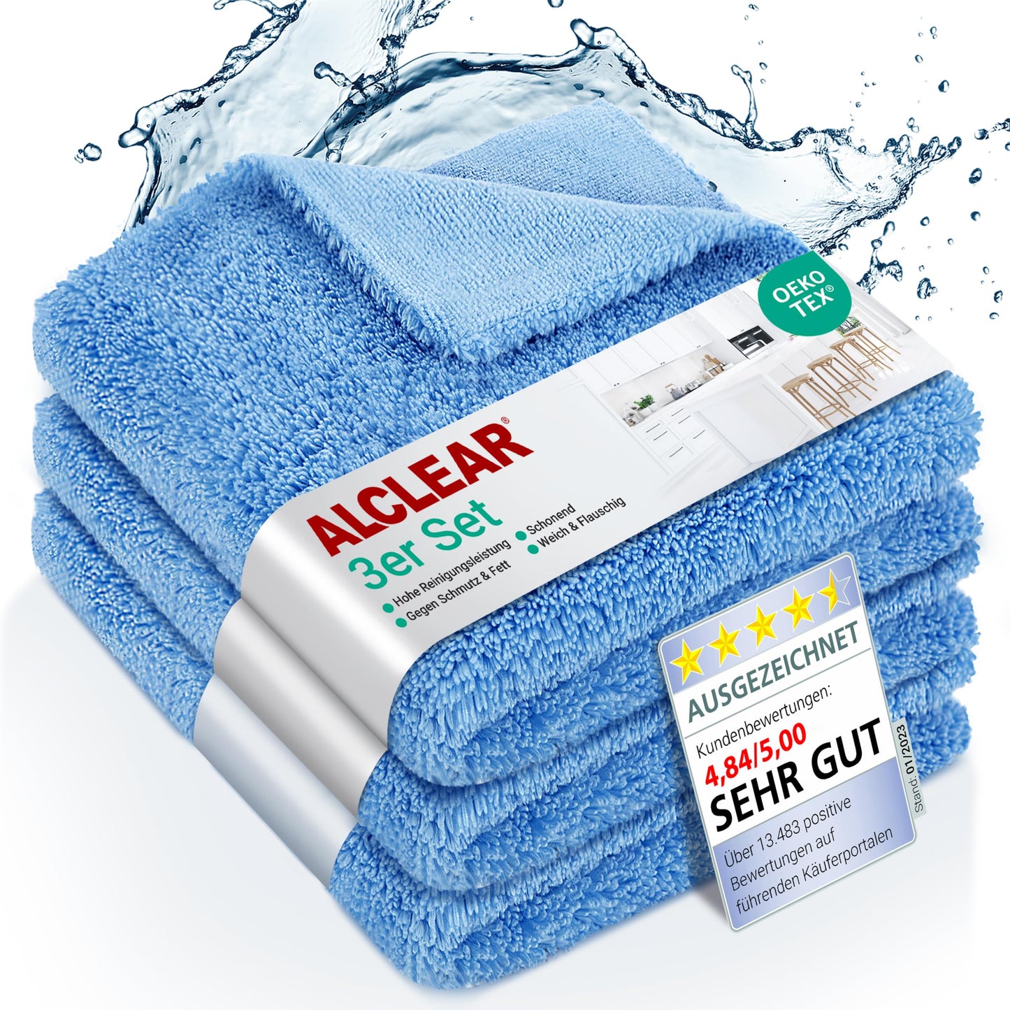 ALCLEAR 820203K_3 microfiber cloths 3-pack 40x40 cm - for high gloss kitchen, furniture fronts, varnish, plastic, glass, lint-free, streak-free, ultrasonically cut, can be used damp, washable 60° C