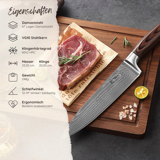 Wakoli EDIB Damascus Chef's Knife 20 cm | Sharp kitchen knife with 67 layers of damascus steel & VG10 core | Ergonomic pakkawood handle | Professional chef's knife in gift box - For precise cuts in the kitchen.
