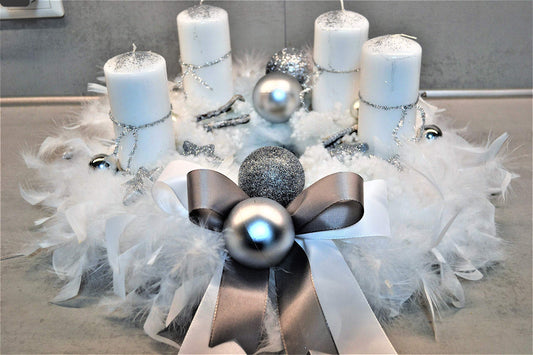 White silver advent wreath 40 cm artificial Christmas decoration with feathers