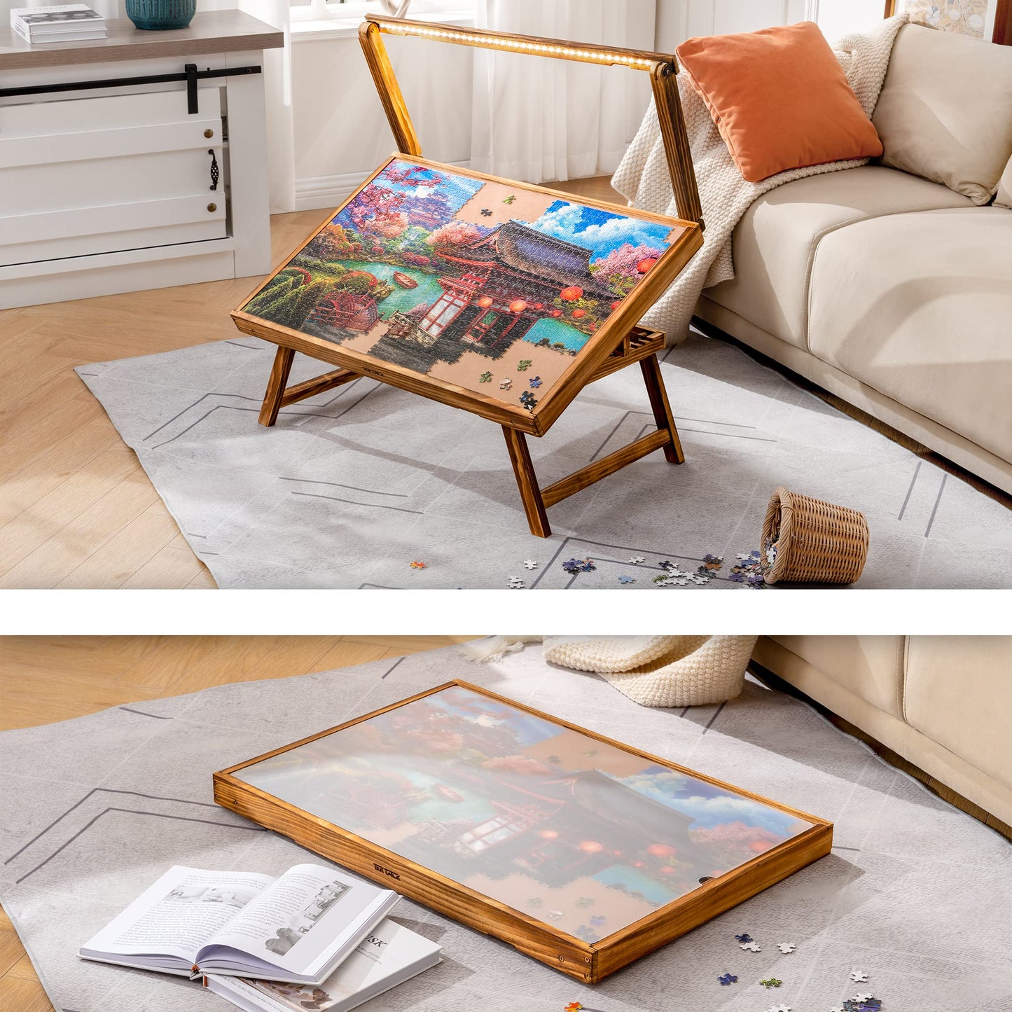 Tektalk Puzzle Table with LED light, wooden puzzle board with 5 adjustable angles, puzzle table with foldable legs and cover for puzzle storage, fits up to 1000 puzzle pieces.