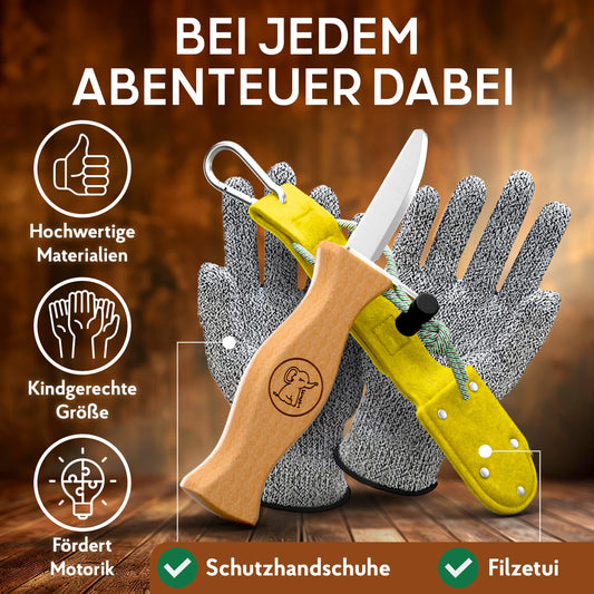 Eli® carving knife for children with felt bag for ages 6 and up - high-quality children's carving set including cut-resistant gloves - kids carving knife - carving tool - outdoor knife - yellow