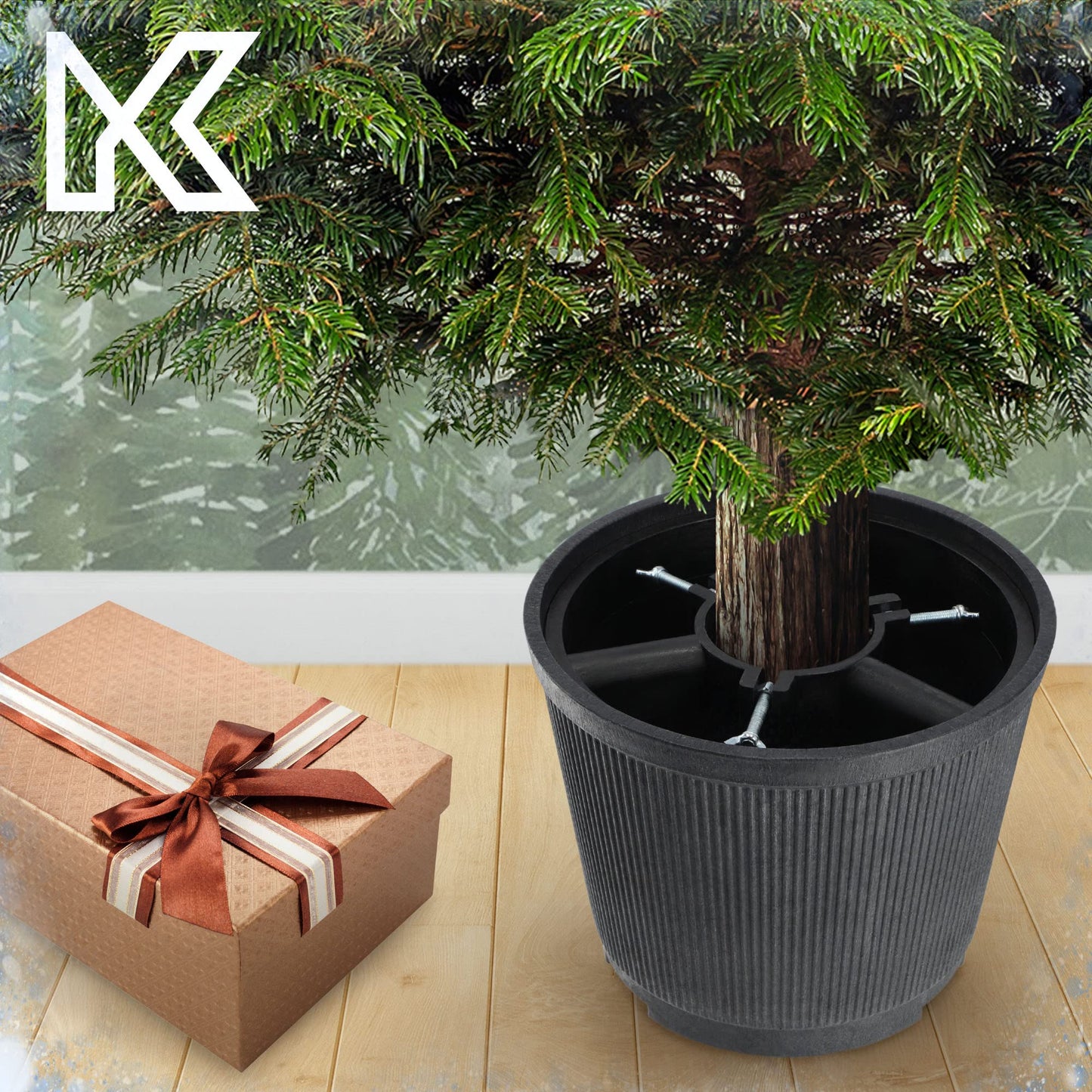 KADAX Christmas tree stand, made from recycled plastic, for real trees up to 250cm in height. Graphite color.