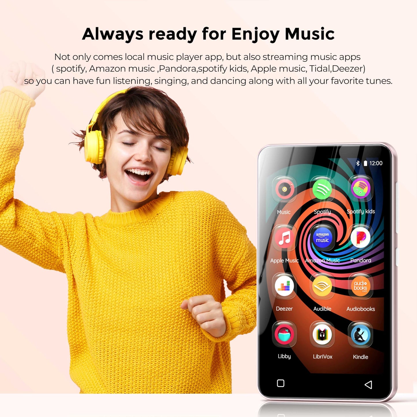 160G Spotify MP3 player with Bluetooth, Innioasis Mp4 player featuring Audible, Deezer, Hi-Fi 4-inch touchscreen music player with Wi-Fi (Pink)