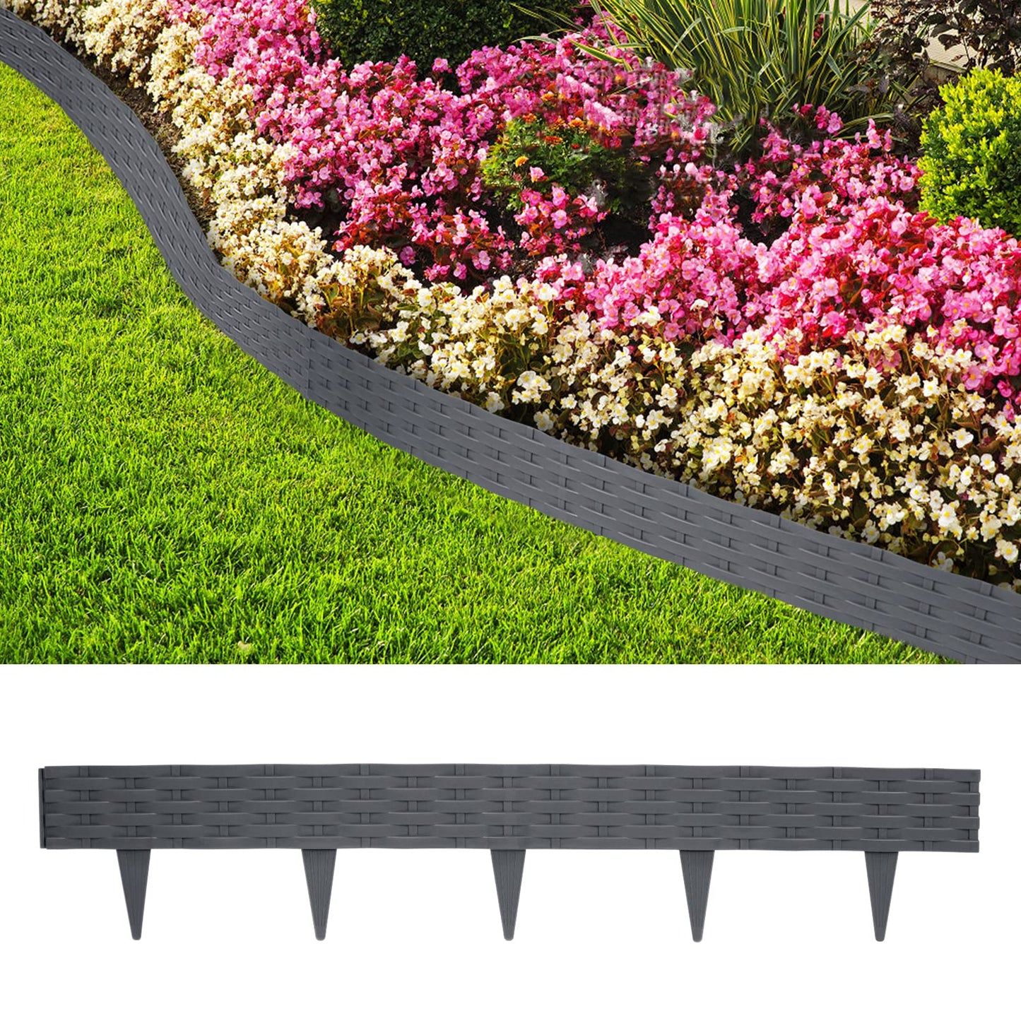 5m Rattan lawn edging plastic with 5 elements of 100 cm each. Rattan-look design, flexible for garden borders. Bendable edging for lawns, flower beds in anthracite color.