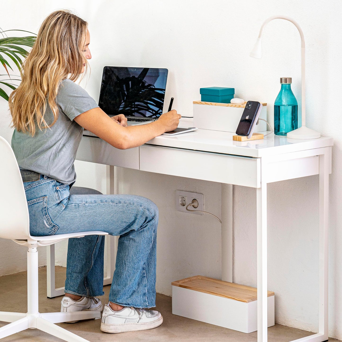 Nature Supplies Set with 2 pine wood cable boxes - 1 small cable box for desk organization, 1 large box for floor cable organization (White)