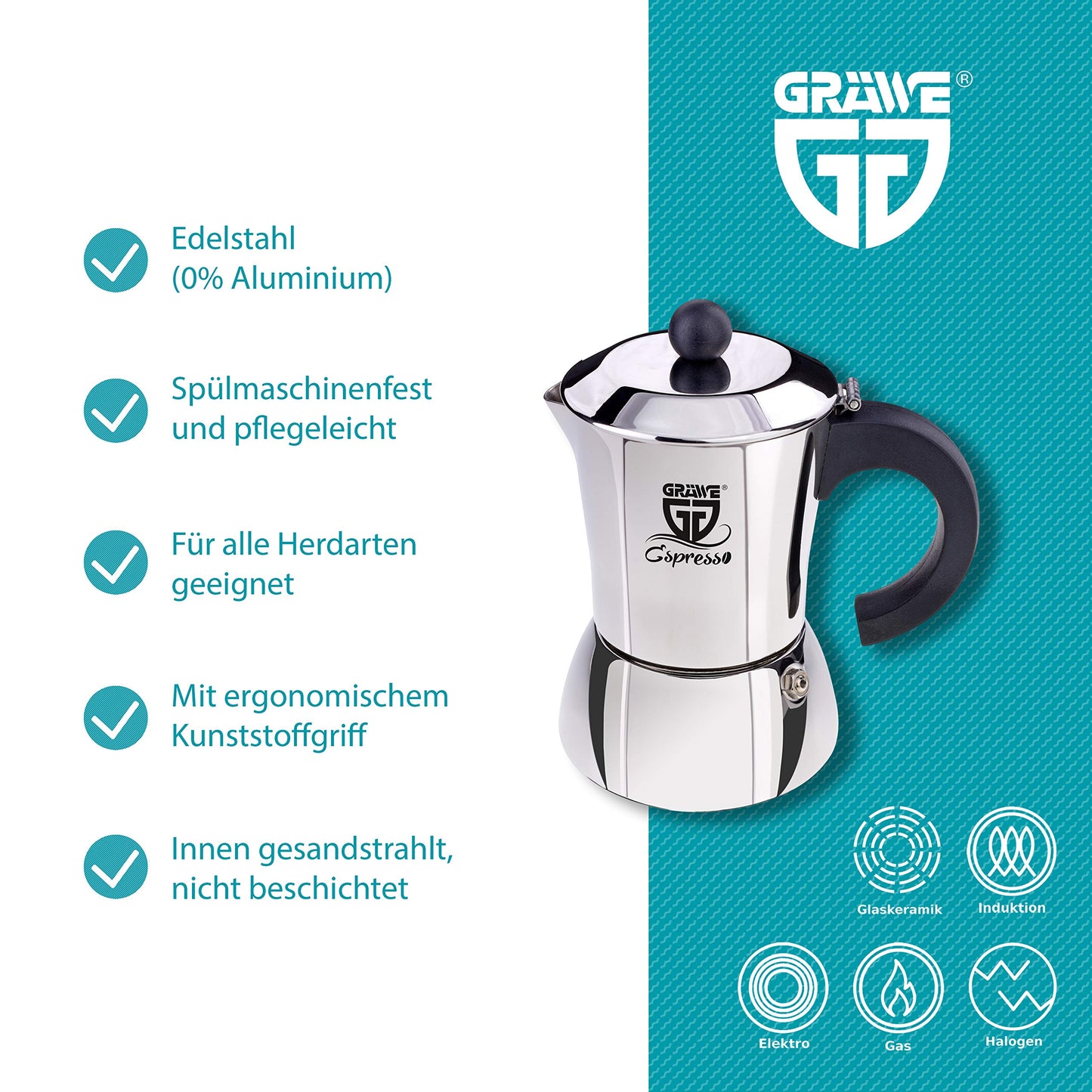 GRÄWE Induction Espresso Maker, Stainless Steel Espresso Pot for 4 Cups, Classic Espresso Maker without Aluminum - 200 ml