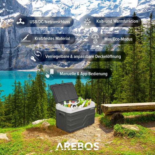 Arebos Compressor Cooler Box 35 liters | Electric Freezer Box with APP & Smart Control | Portable Cooler with USB connection | up to -20 °C | 12/24 V 230V | for Car, Truck, Camping, Boat, RV