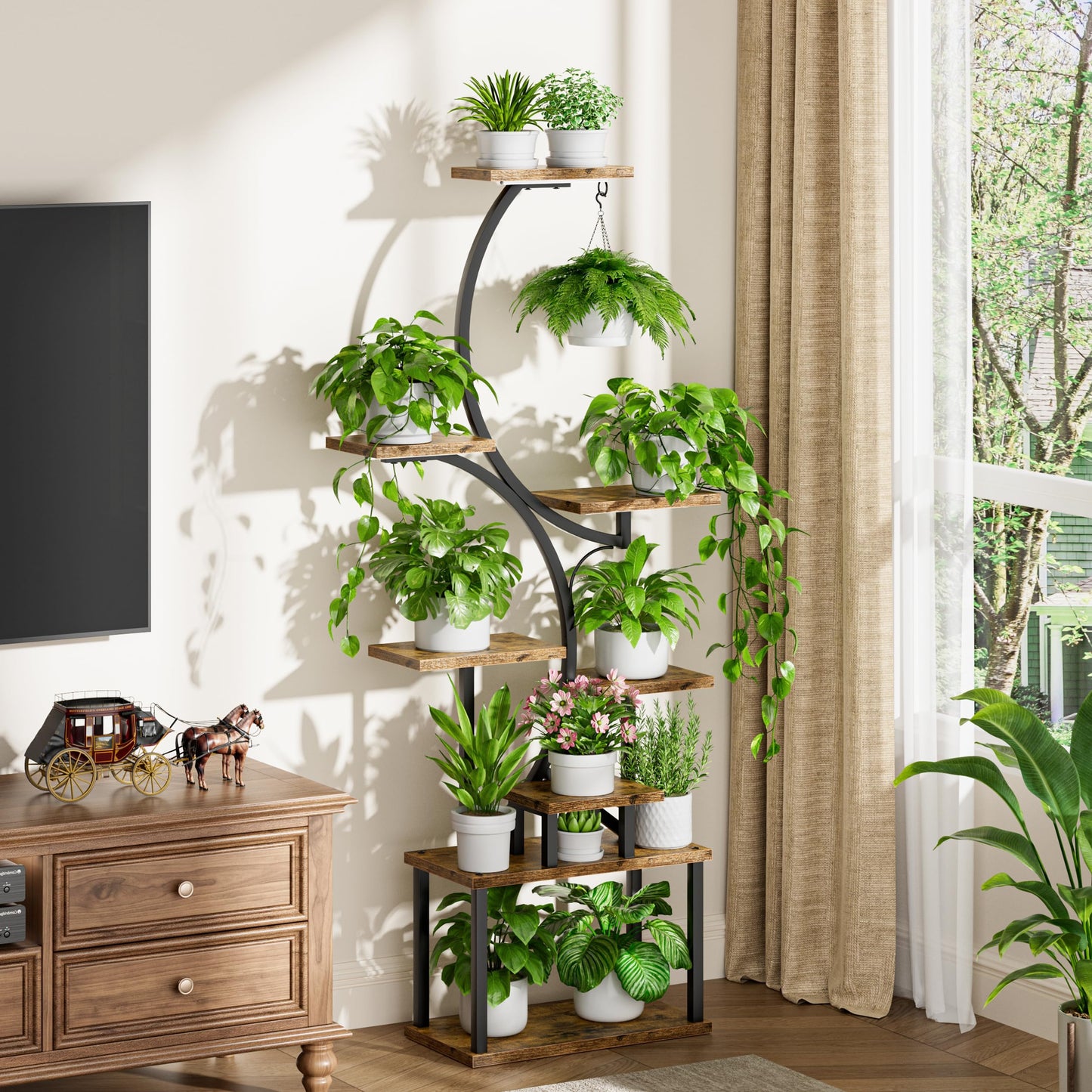 BACEKOLL Plant Stand with Grow Light - 8 Tier Flower Stand 157cm Metal Wood Plant Shelf - Indoor & Outdoor Flower Steps - Decorative Black Flower Rack for Indoor Garden Balcony