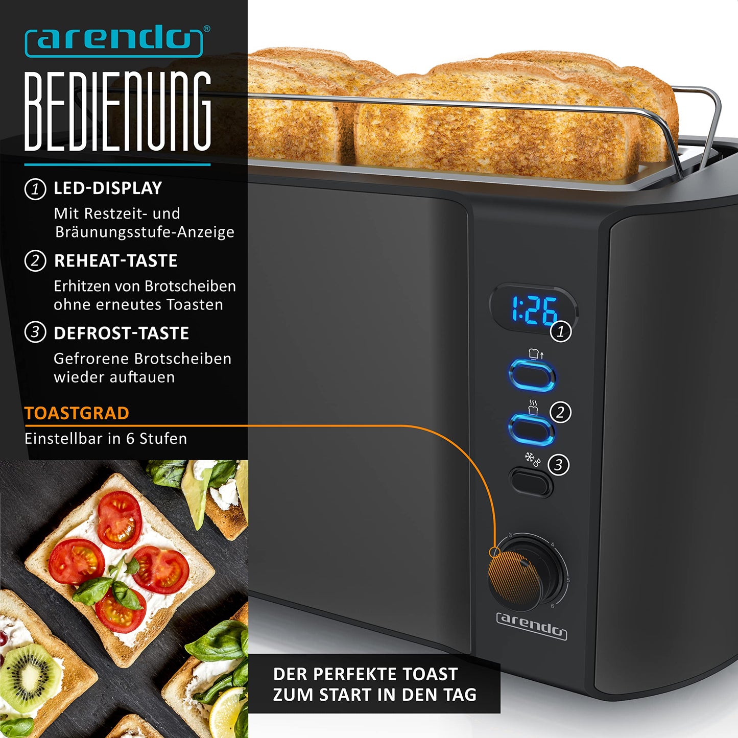 Arendo - Kettle with Toaster Set Stainless Steel Black, Kettle 1.5L 40°-100°C Keep Warm Function, Toaster 4 slices LED Display 6 Browning Levels Bun Attachment