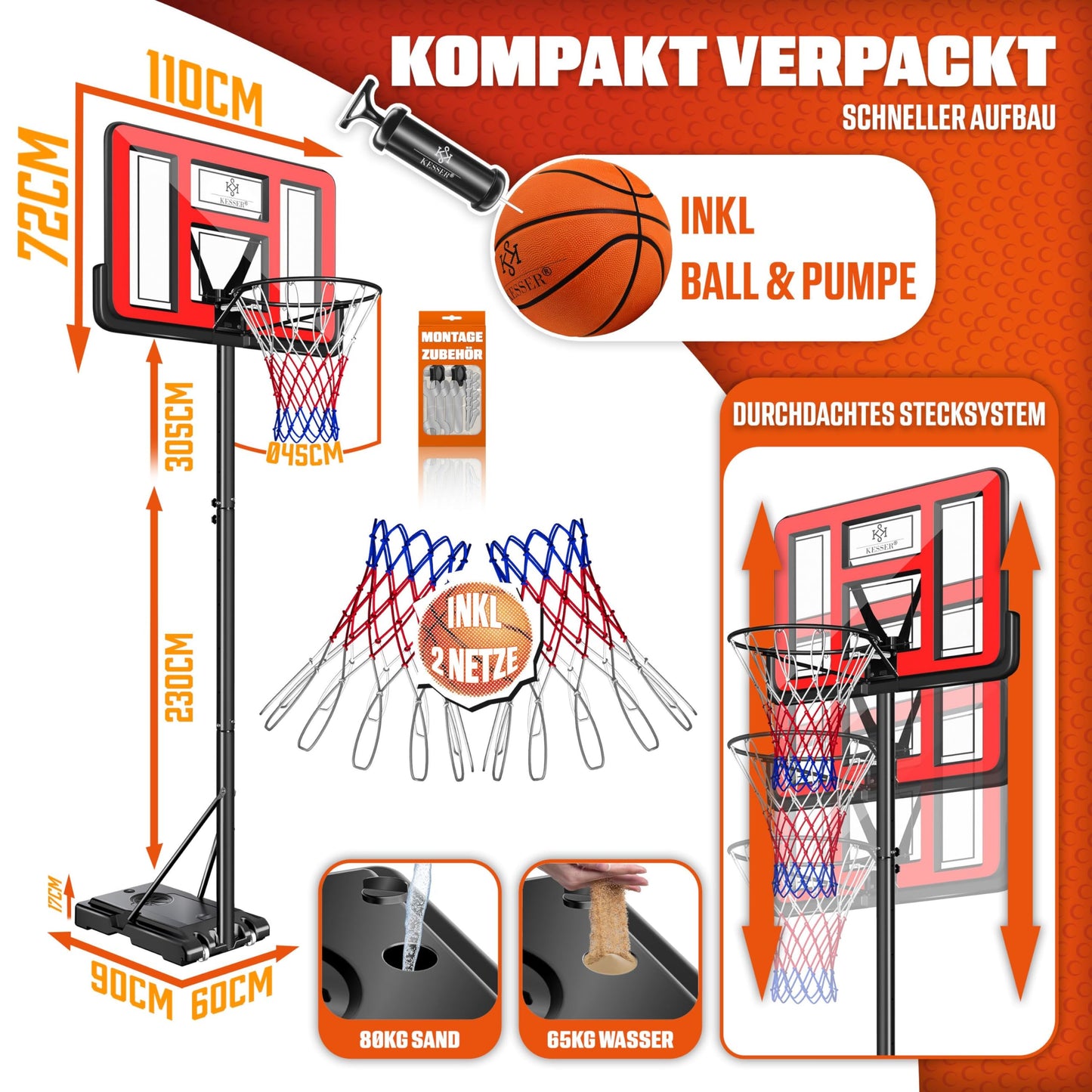 KESSER® Outdoor basketball hoop with stand & wheels Incl. 2x nets, basketball & pump | Basketball system adjustable hoop height 230 to 305 cm Hoop stand for adults & kids