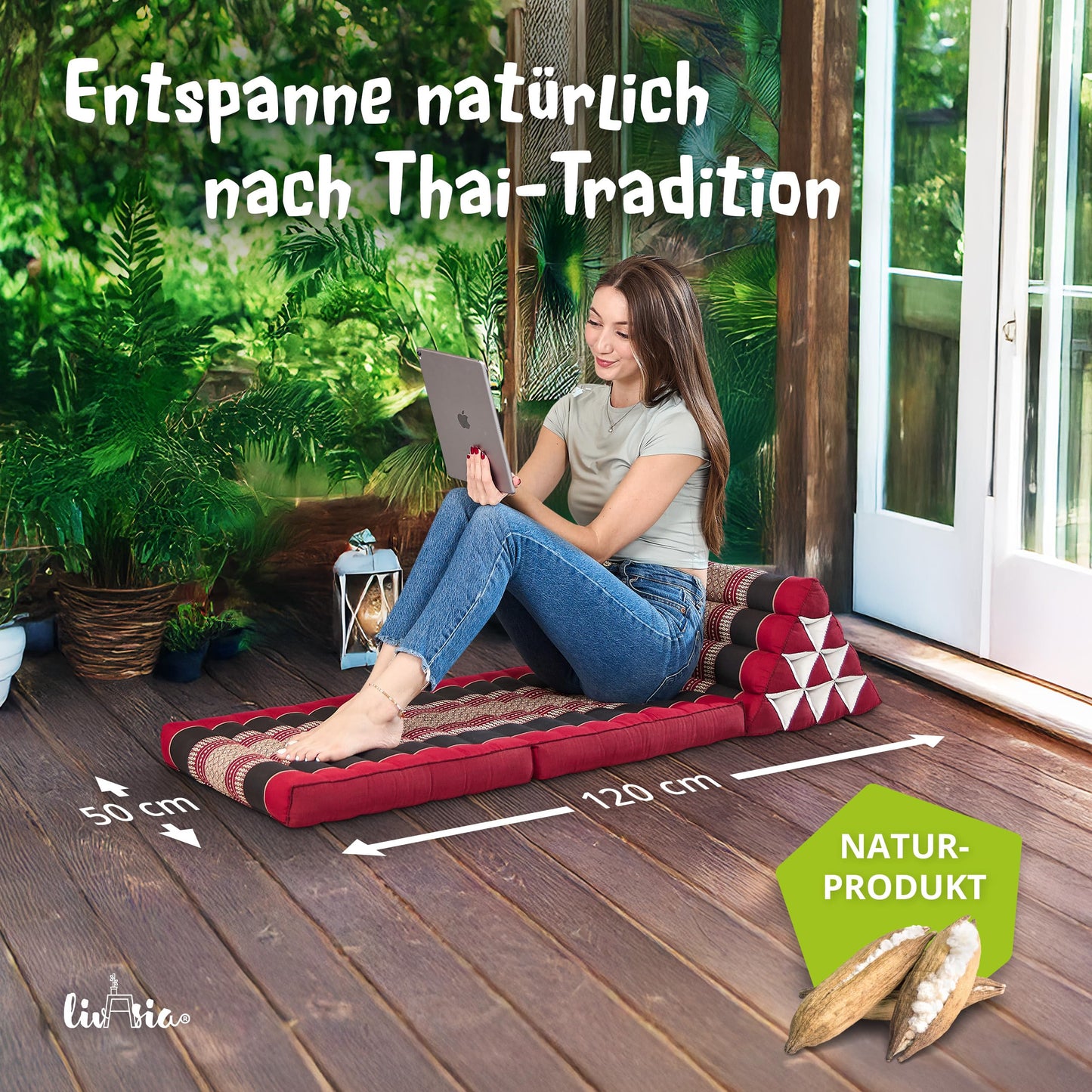 livasia Thai cushion with 2 pillows - 120x50x8 cm - triangle cushion with seat cushion, wedge cushion with kapok, foldable back cushion, Thai mat for folding, handmade, meditation cushion (red/black)
