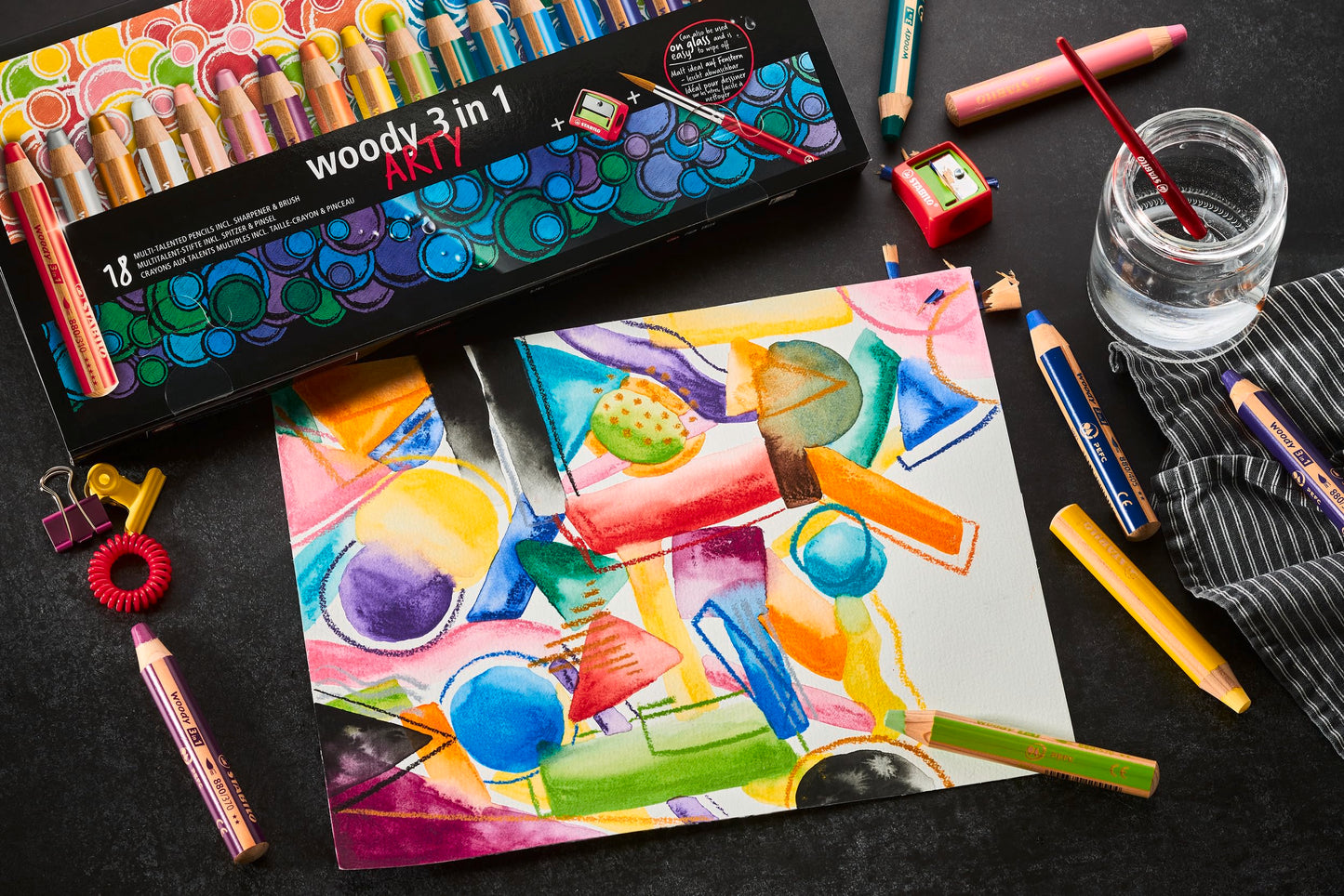 STABILO - Colored pencil, watercolor & wax crayon - woody 3 in 1 - ARTY - 18 pack with sharpener and brush - with 18 different colors