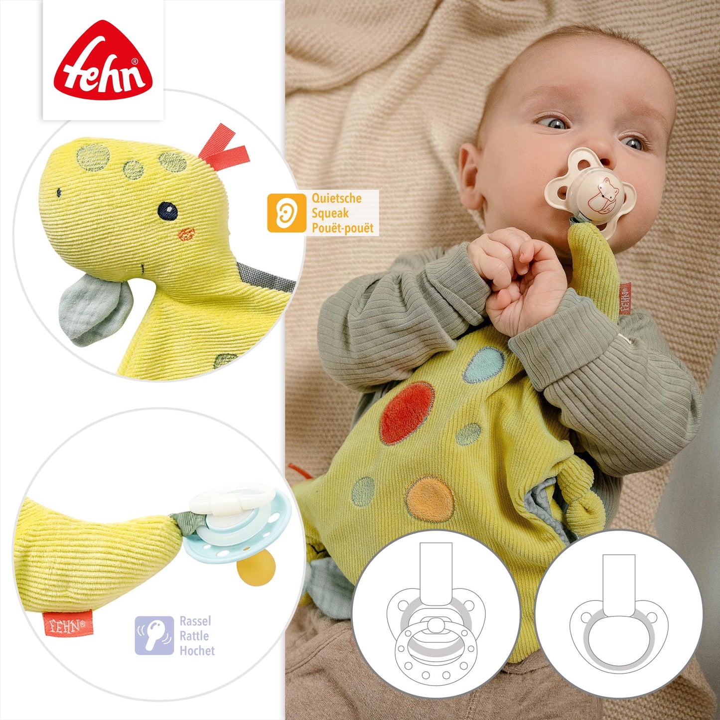 Fehn Cuddly blankie Baby Toy Dino - Snuggle cloth for newborns - Cuddly toy with rattle & squeaker - Sleep aid hand puppet - Cuddly blanket sleep animal for babies and toddlers from 0+ months