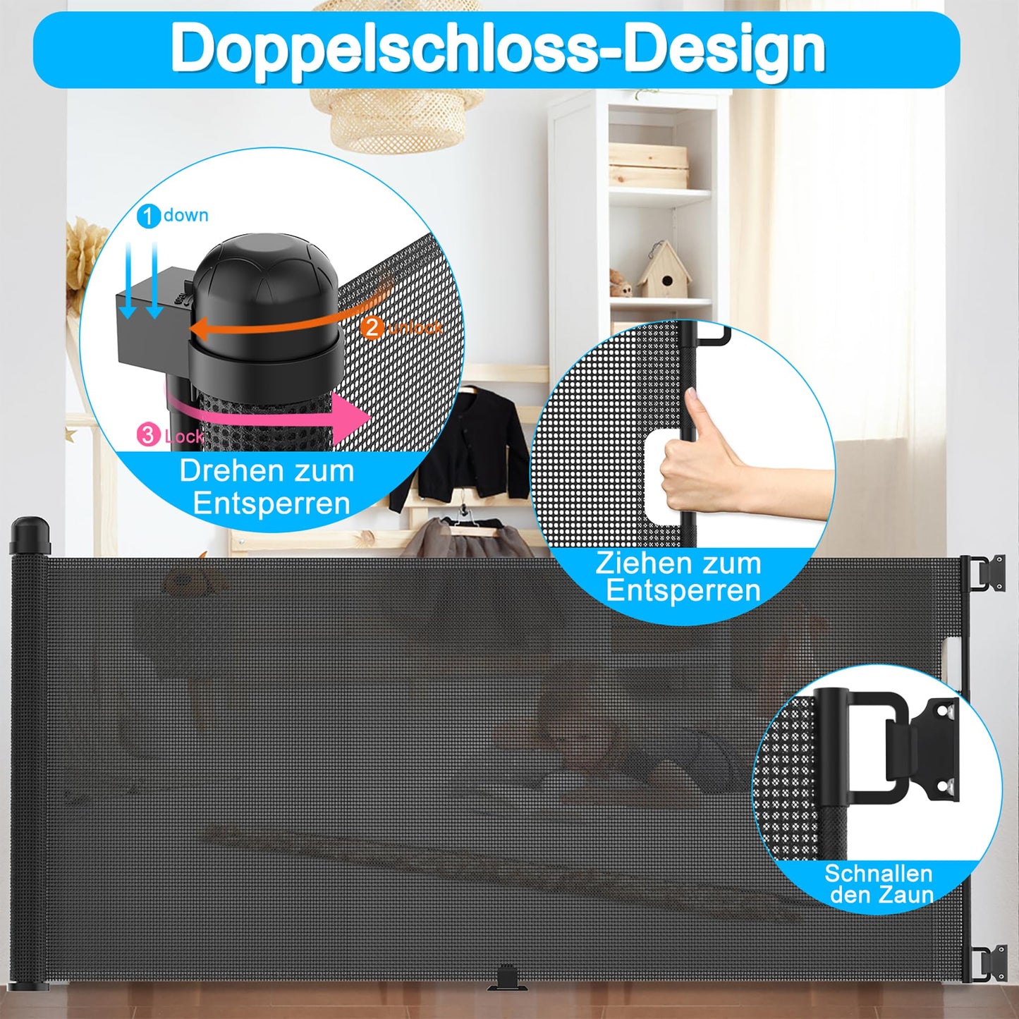 NAIZY door protection gate roller 0-300cm stair protection roller baby stair safety gate and dog door gate retractable door extendable dog barriers for indoor and outdoor - black