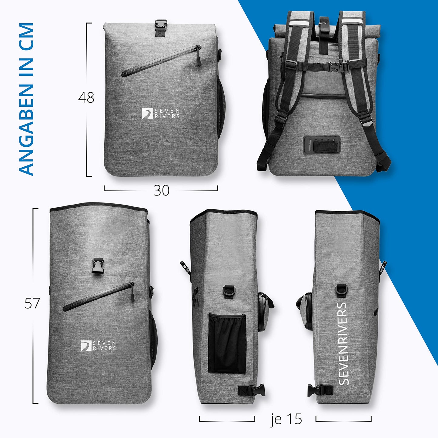SEVENRIVERS 3 in 1 bike bag - backpack, luggage carrier bag & shoulder bag in one - waterproof & PVC free - incl. laptop bag (24L) (gray)