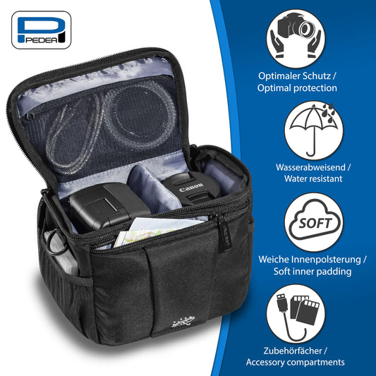 PEDEA DSLR camera bag "Guard" with screen protector for Canon EOS 5DS R M6 M100 100D G1X Mark III SX740 / Nikon Z6 D850 / Panasonic Lumix DC GH5 GX800 / Sony Alpha 6000 6500, Size L black.