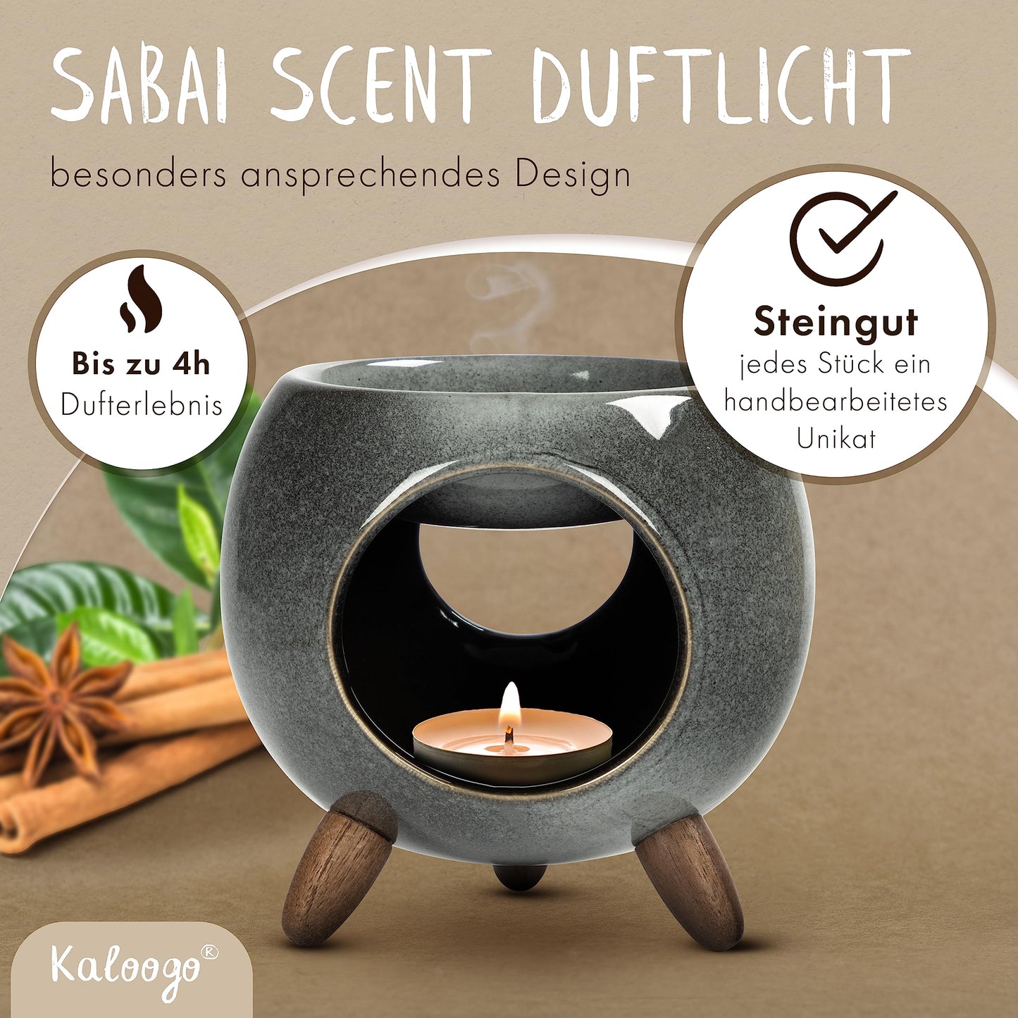 Kaloogo Sabai Scent Ceramic Oil Diffuser - Elegant scent light - Sturdy design - Perfect heat distribution - High-quality tealight oil diffuser - for scented wax and essential oils (Ash Gray)