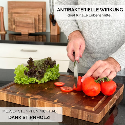 WOODLAND Premium Cutting Board Wood Large 40 x 30 x 3 cm I made of sturdy acacia wood I Wooden Kitchen Board I thick cutting board with juice groove I End Grain I End Grain