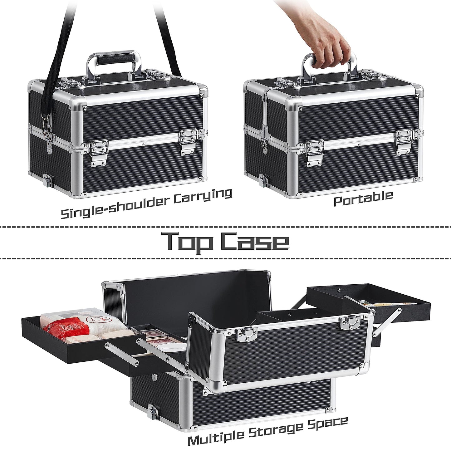 Yaheetech 5-in-1 hard shell cosmetic case, lockable makeup case, large hairdresser case with 360° rotating wheels, ample storage