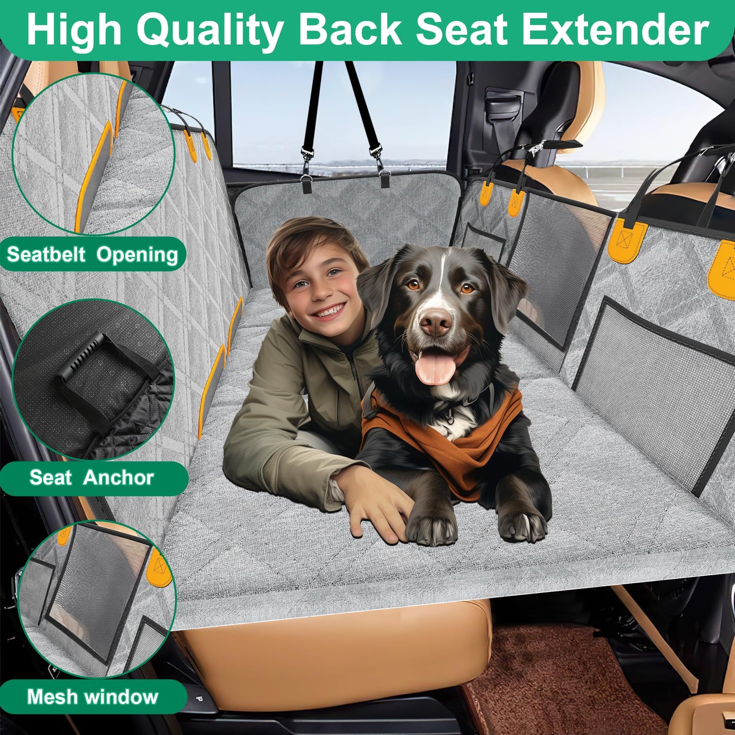 Loiion Dog Car Blanket Back Seat Solid Bottom, Rear Seat Extender Dog, Car Hammock for Dogs with Hard Bottom, Fall Prevention Waterproof Dog Mat for Most Cars SUV Trucks, Gray