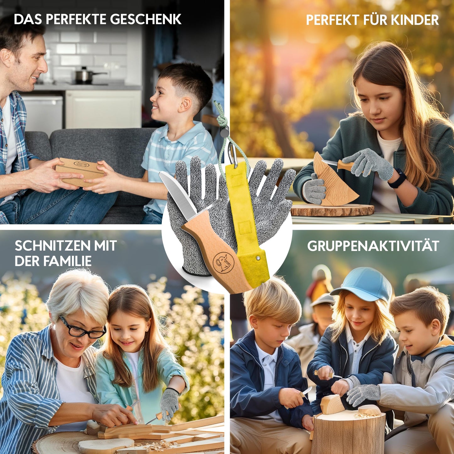 Eli® carving knife for children with felt bag for ages 6 and up - high-quality children's carving set including cut-resistant gloves - kids carving knife - carving tool - outdoor knife - yellow