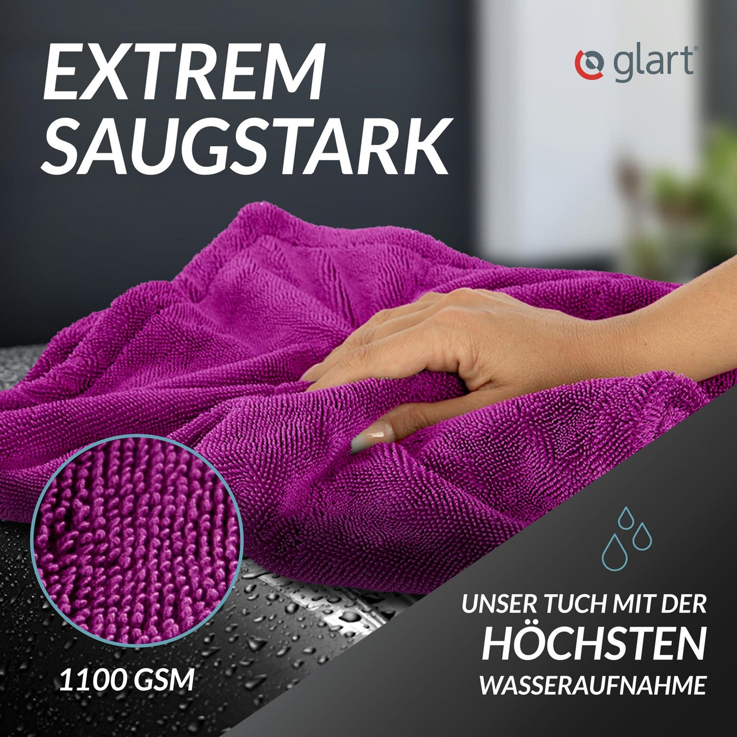 Glart Twist Car Drying Towel XXL (80x55cm) - Premium, extra absorbent, scratch-free. Ideal before car polish & after wheel brush. Large microfiber drying towel for car & motorcycle, lint-free.