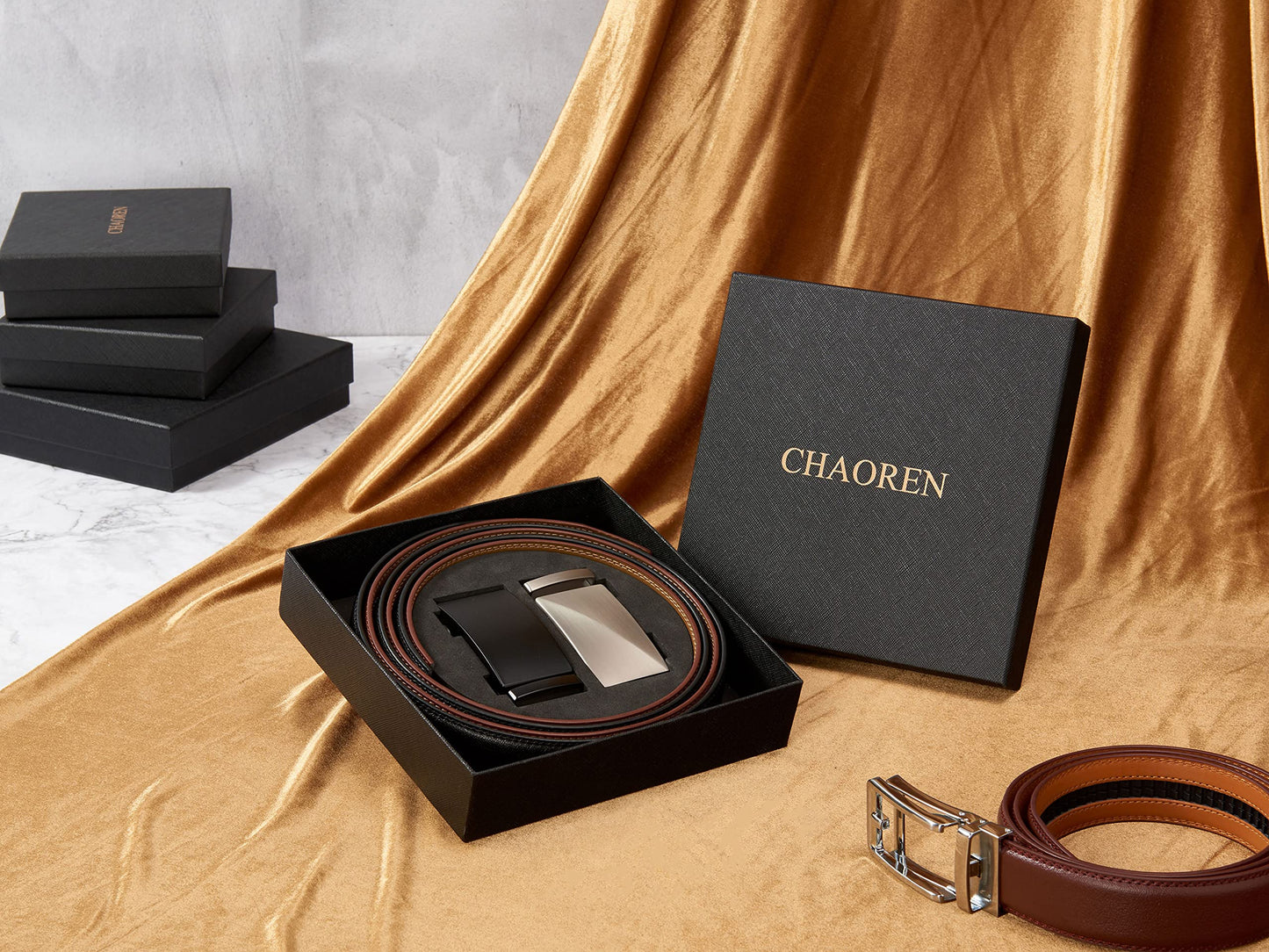 CHAOREN Automatic Belts for Men 2 Pieces, Ratchet Automatic Buckle Leather Belts for Men Adjustable 35mm Wide with Gift Box