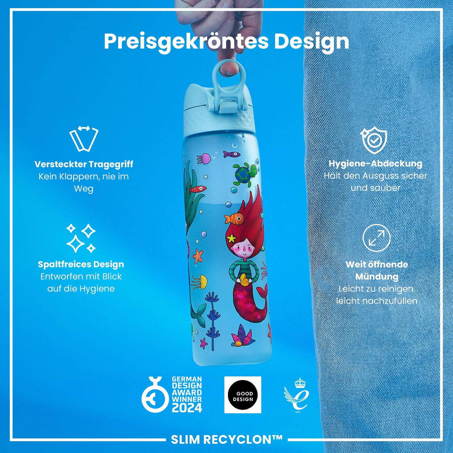 ION8 water bottle, 500ml, Leak-proof, One-handed opening, Secure locking, Dishwasher safe, BPA-free, Carry handle, Flip lid, Easy to clean, Climate neutral, Mermaids