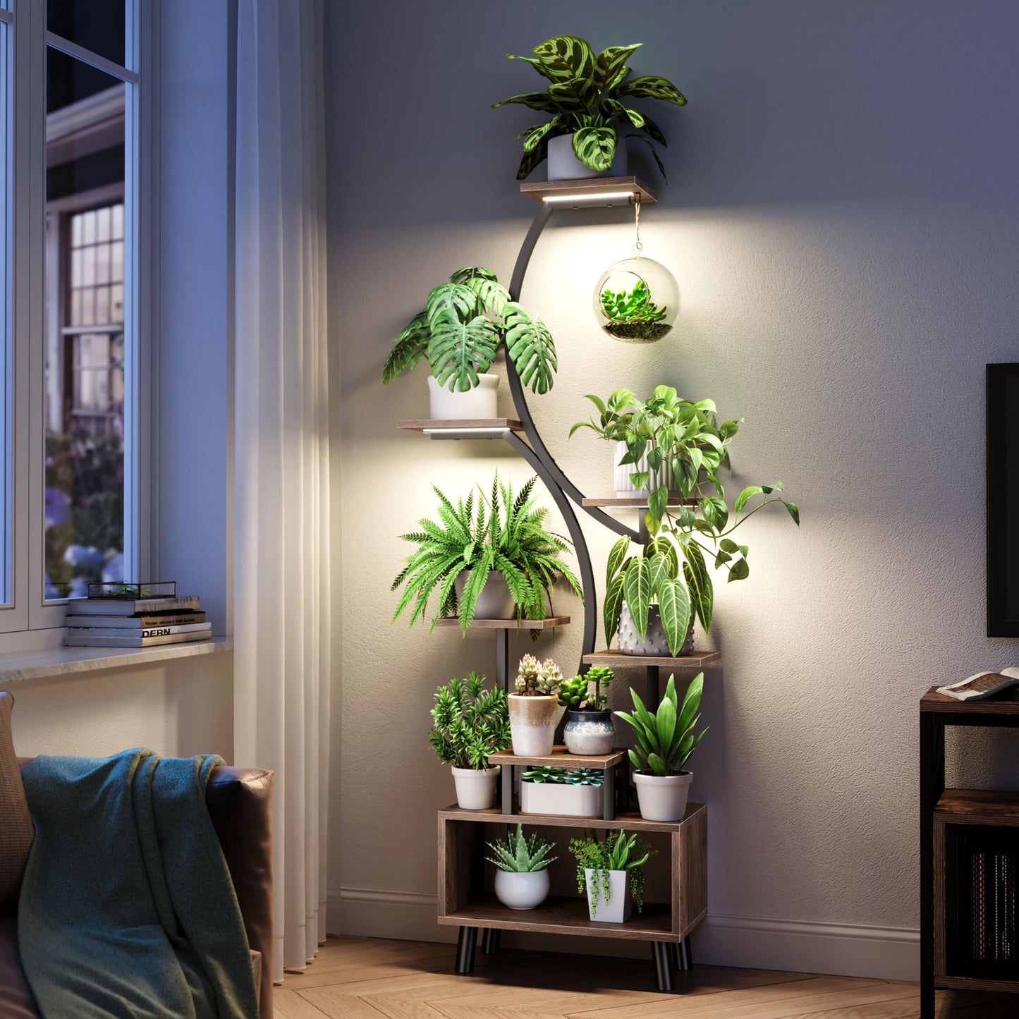 ShineMuse Plant Stand with Growth Light 160cm, Wood and Metal Flower Stand with LED Growth Light, 7-Tier Metal Plant Shelf with Legs for Outdoor and Indoor, Living Room, Balcony, Bedroom