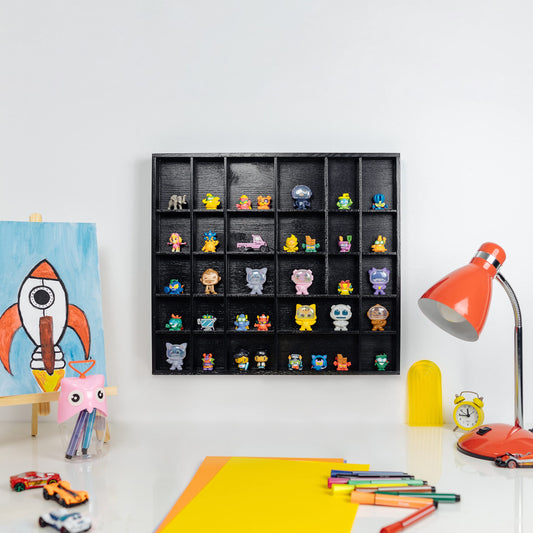 Creative Deco Black Wooden Display Case Collectors Box Tray 28 Compartments | 44.5 x 40 x 3 cm | Paintable Wood Sorting Storage Shelf Box Printer Showcase | For Decoupage, Storage, Decoration, Sorting Box