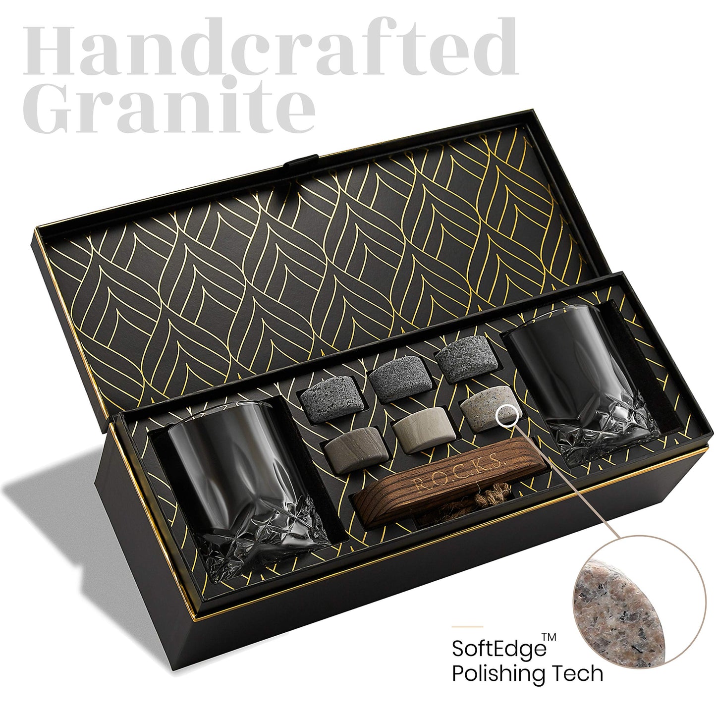 Whiskey Stones Set - 6 Handcrafted Round Granite Whiskey Stones - 2 Crystal Whiskey Glasses - Presentation and Storage Board made of Hardwood - Whiskey Gift Set Box with Gold Foil by Rocks