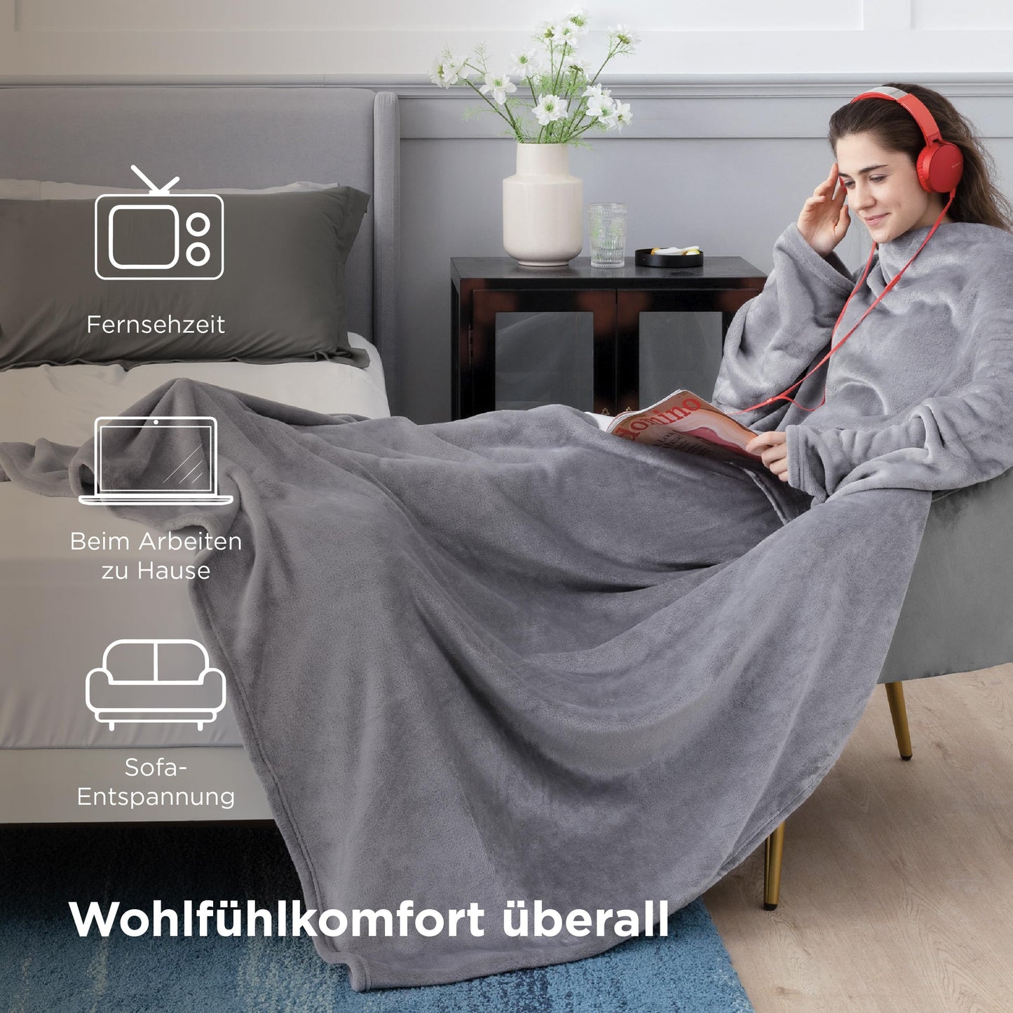 BEDSURE Blanket with Sleeves - Gifts for Women and Men, Cozy Sleeve Blanket & Sofa Blanket for Adults, Soft Full Body Blanket to Wear, Portable Throw Blanket, 150x200cm, Grey