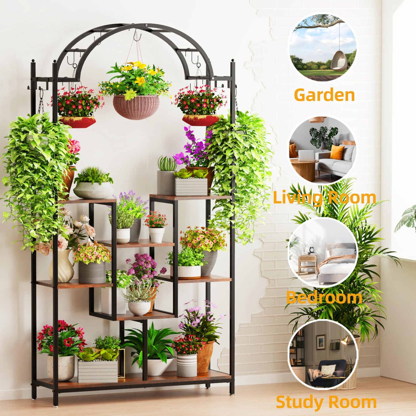 unho 5-tier flower stand with 16 hooks, plant shelf 190cm tall plant stand flower rack for indoor balcony floor living room