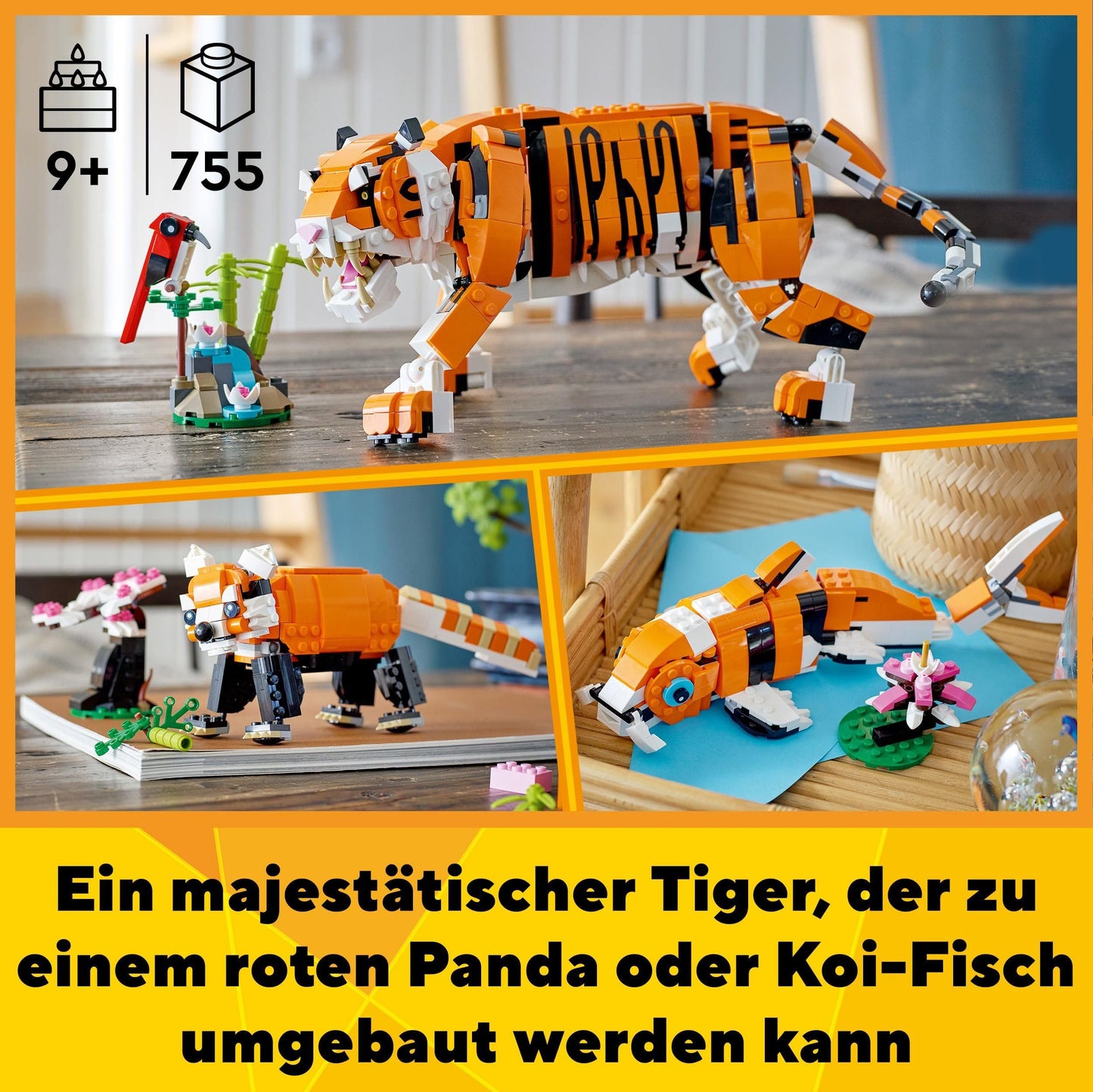 LEGO 31129 Creator Majestic Tiger, Panda, or Fish, 3-in-1 animal figure set, toy for kids, boys and girls, animal construction toy.