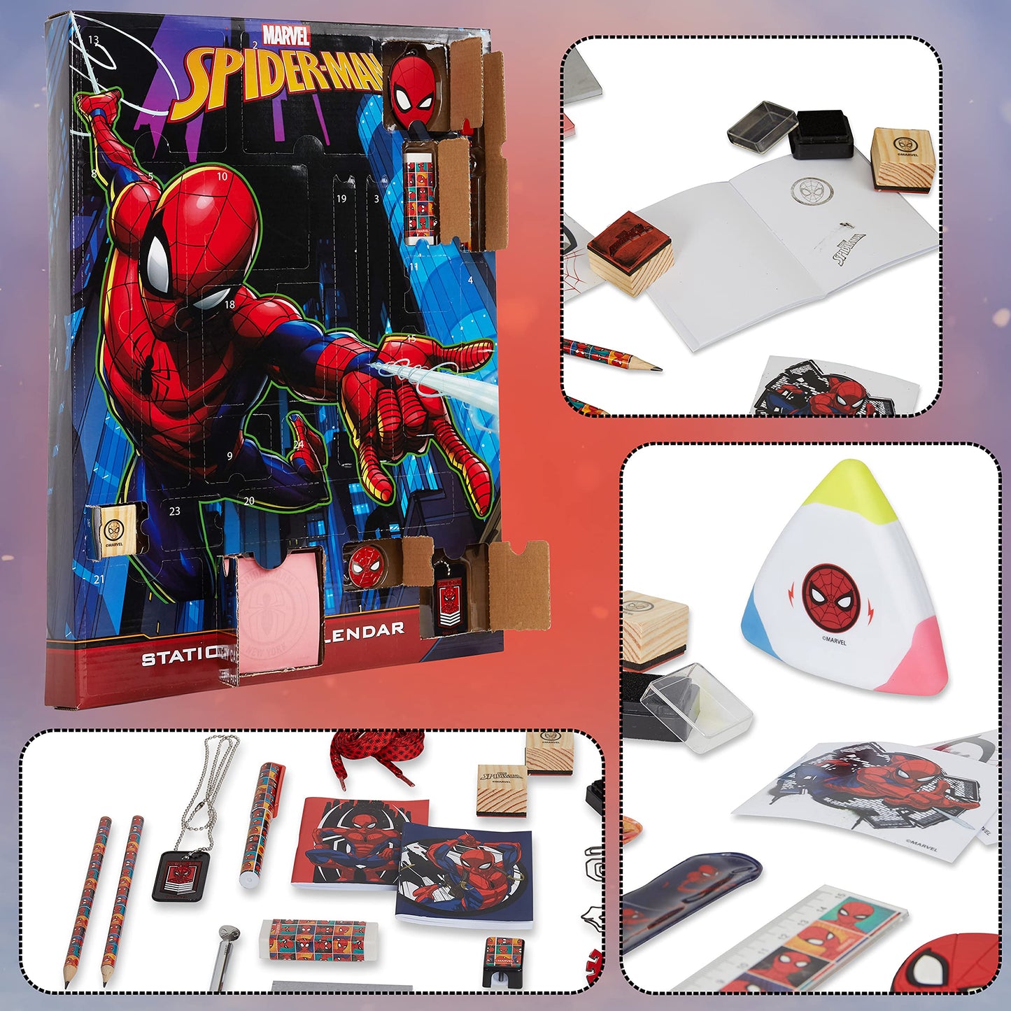 Marvel Spiderman Advent calendar 2025 for kids and teenagers with school supplies, pencils, keychains, stamps, and toys. Great gift idea! (Spiderman Multicolor)