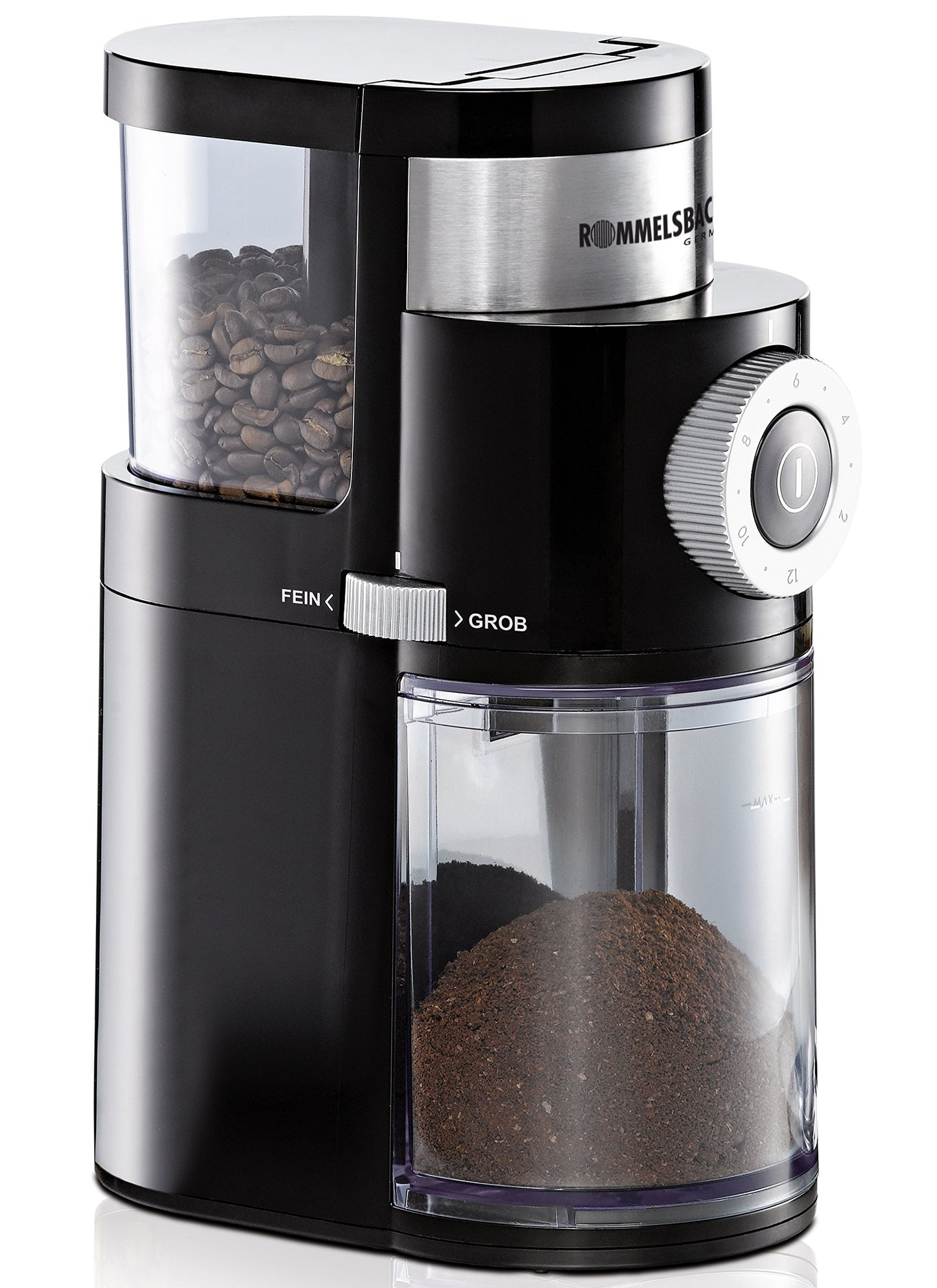 ROMMELSBACHER coffee grinder EKM 200 - gentle grinding with disc grinder, adjustable grind level from coarse to fine, 2-12 cups, 250g bean container capacity, 110 watts, black
