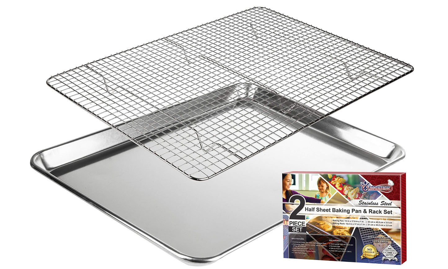 KITCHENATICS Half Sheet Pan with Rack Set, Oven Baking Tray, Aluminum Pan with Rim, Wire Cooling Rack for Cooking and Roasting, Half Baking Sheet with Baking Rack - 33.3 x 45.5 cm