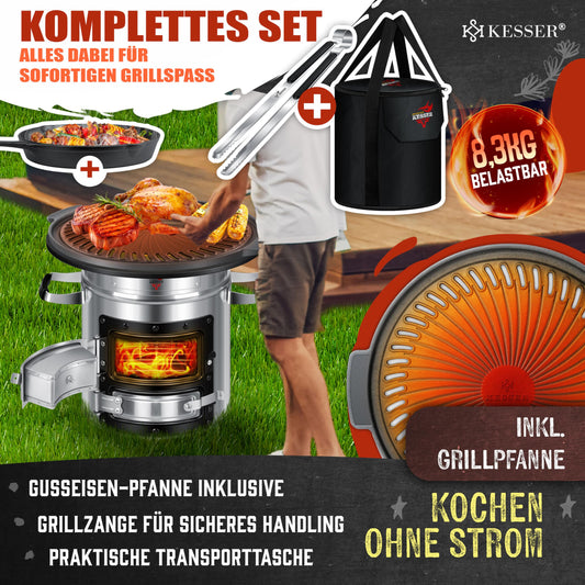 KESSER® Rocket stove incl. cast iron grill pan, griddle, grill tongs & carrying bag | Dutch Oven BBQ Rocket wood stove camping | Outdoor camping stove camping grill stainless steel silver