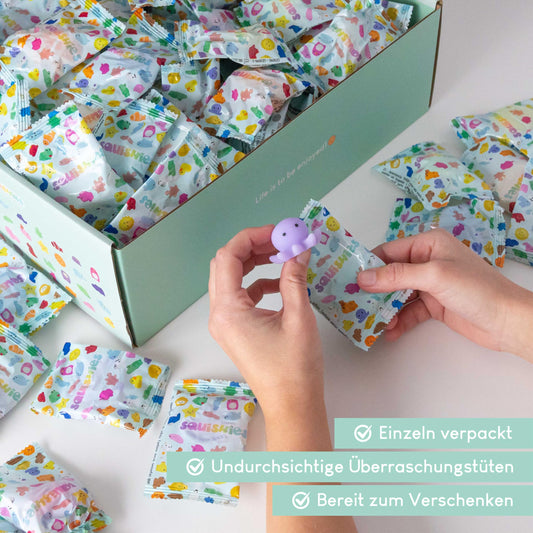 Mochi Squishy Set as party favors for kids' birthday parties: 160 pieces by BONNYCO. Perfect little gifts for children, ideal for party favors, pinata fillers, and back-to-school giveaways.