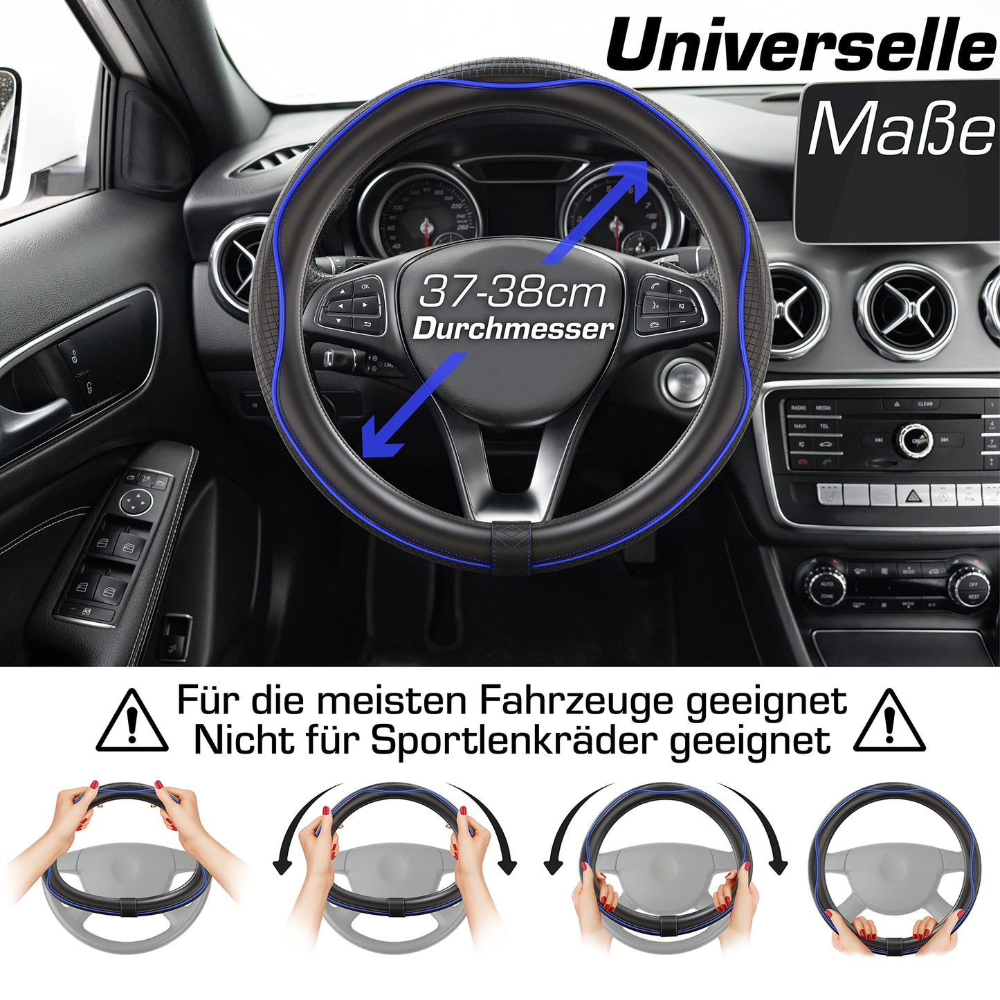 Upgrade4cars steering wheel cover Blue Black in leather look | Steering wheel cover Universal 37-38 cm for summer & winter | Car accessories interior gift ideas | Gifts for women and men
