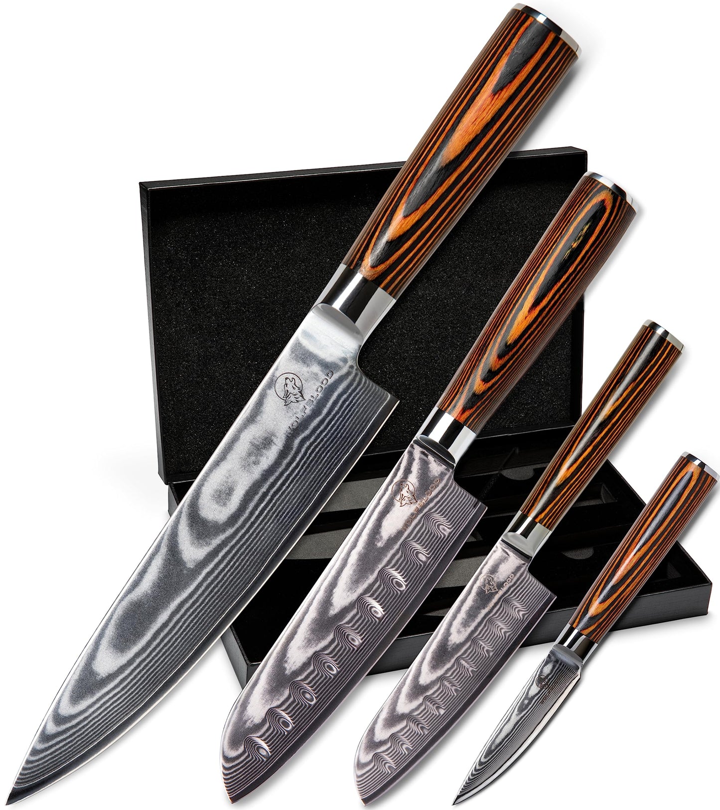 Wolfblood 4-piece damascus knife set (32, 30, 24, and 20 cm) Professional damascus kitchen knife set made of genuine 67 layers of damascus steel I Set includes chef's knife, santoku knife, blade guard, and gift box