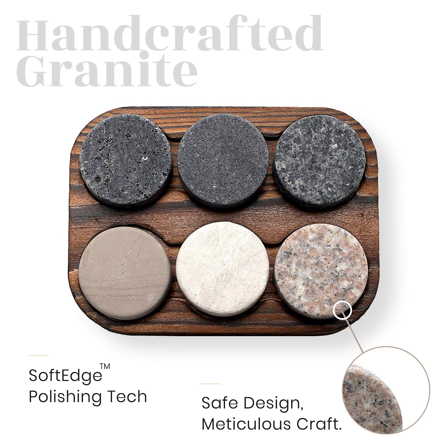 Whiskey Stones Gift Set- 6 Handcrafted Premium Granite Stones- Presentation & Storage Tray Made of Hardwood R.O.C.K.S.